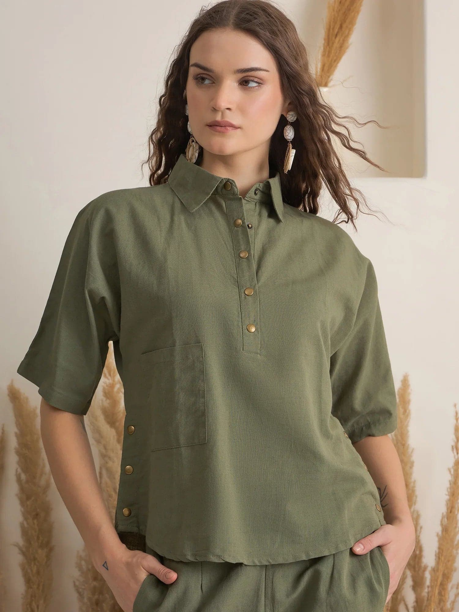 Olive Shirt Collar Viscose Rayon Co-Ords Set For Women