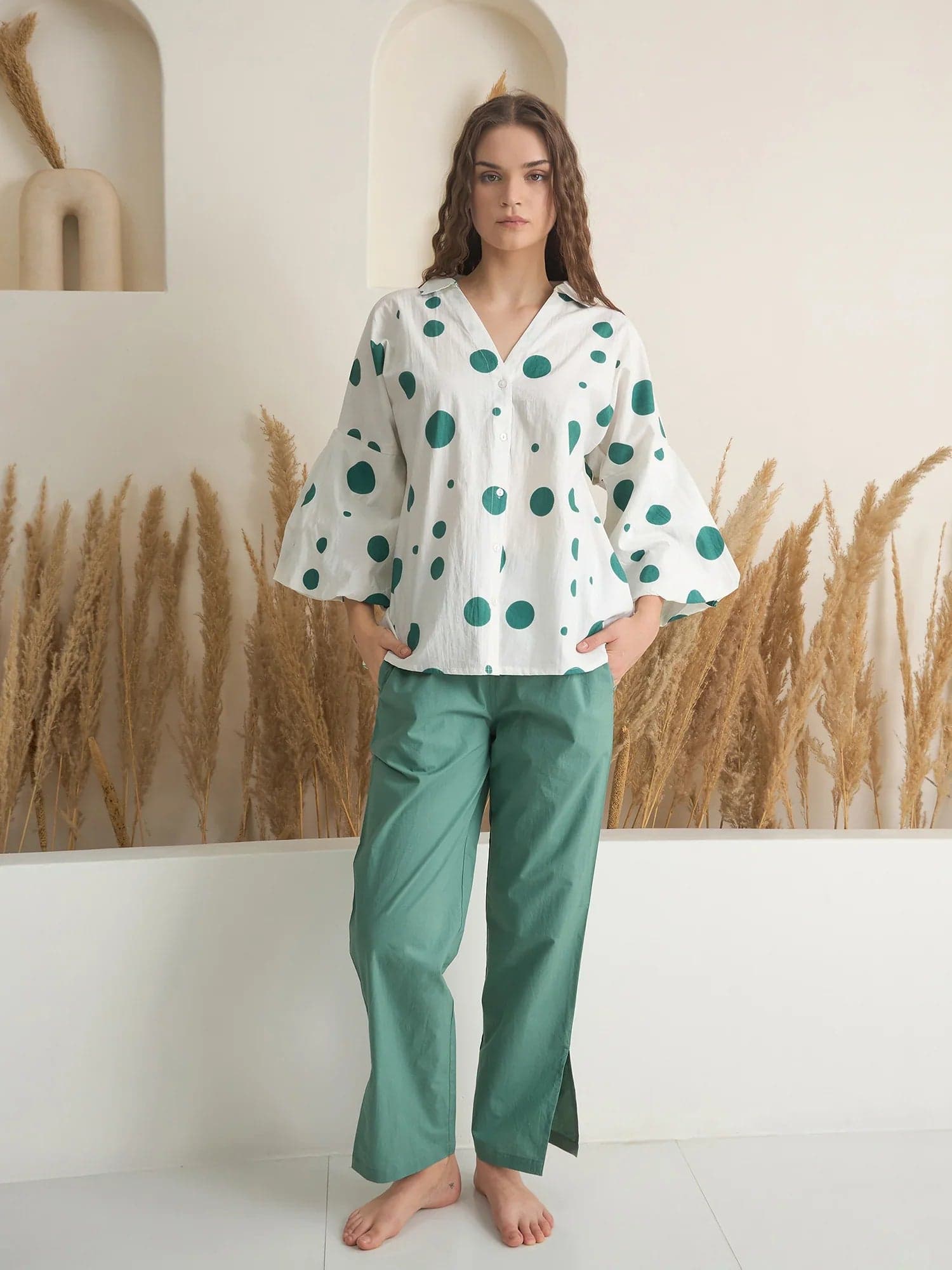 Green V-Neck Polyester Co-Ords Set For Women