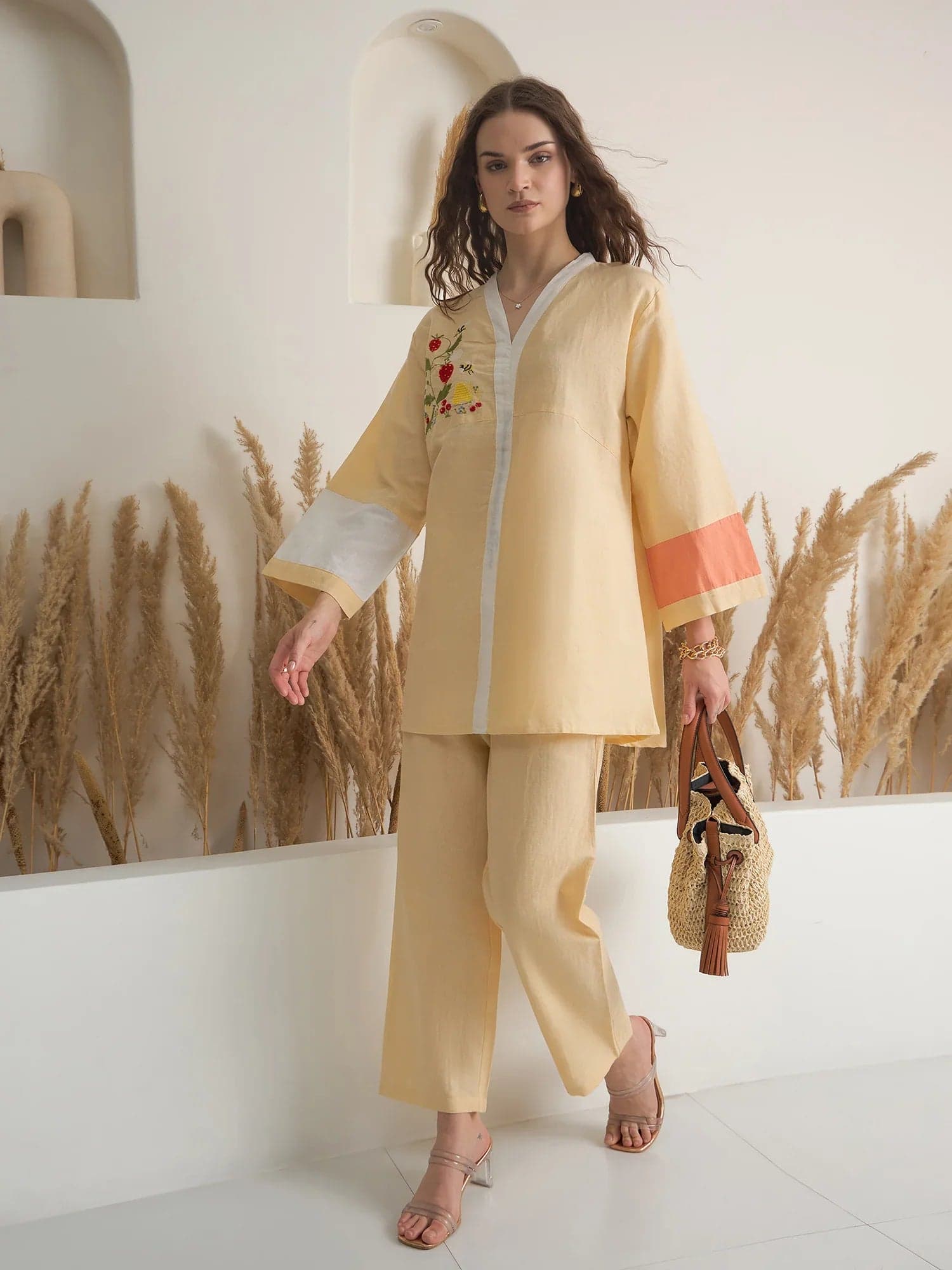 Beige V-Neck Linen Co-Ords Set For Women