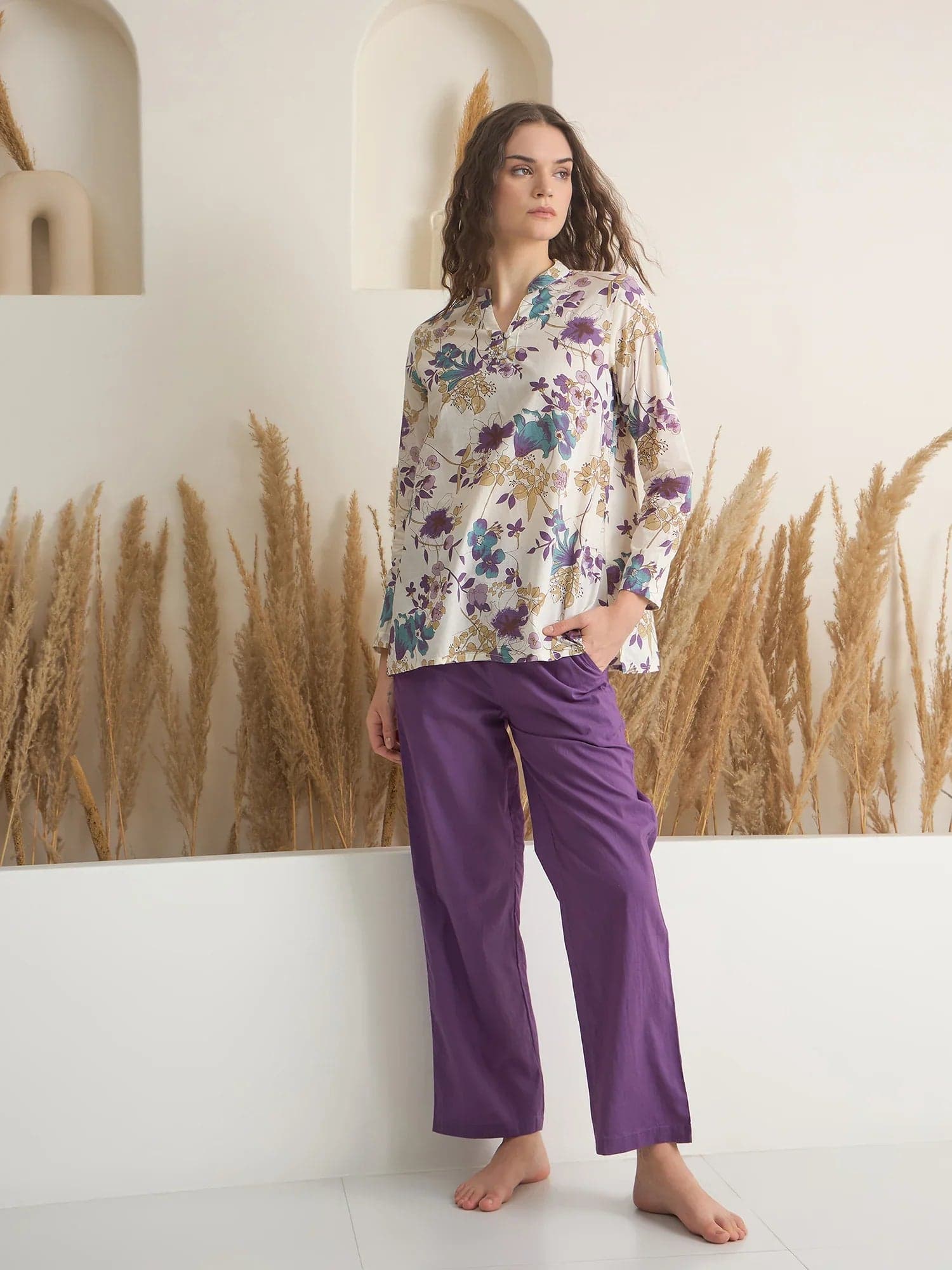 White V-Neck Pure Cotton Printed Night Suit For Women