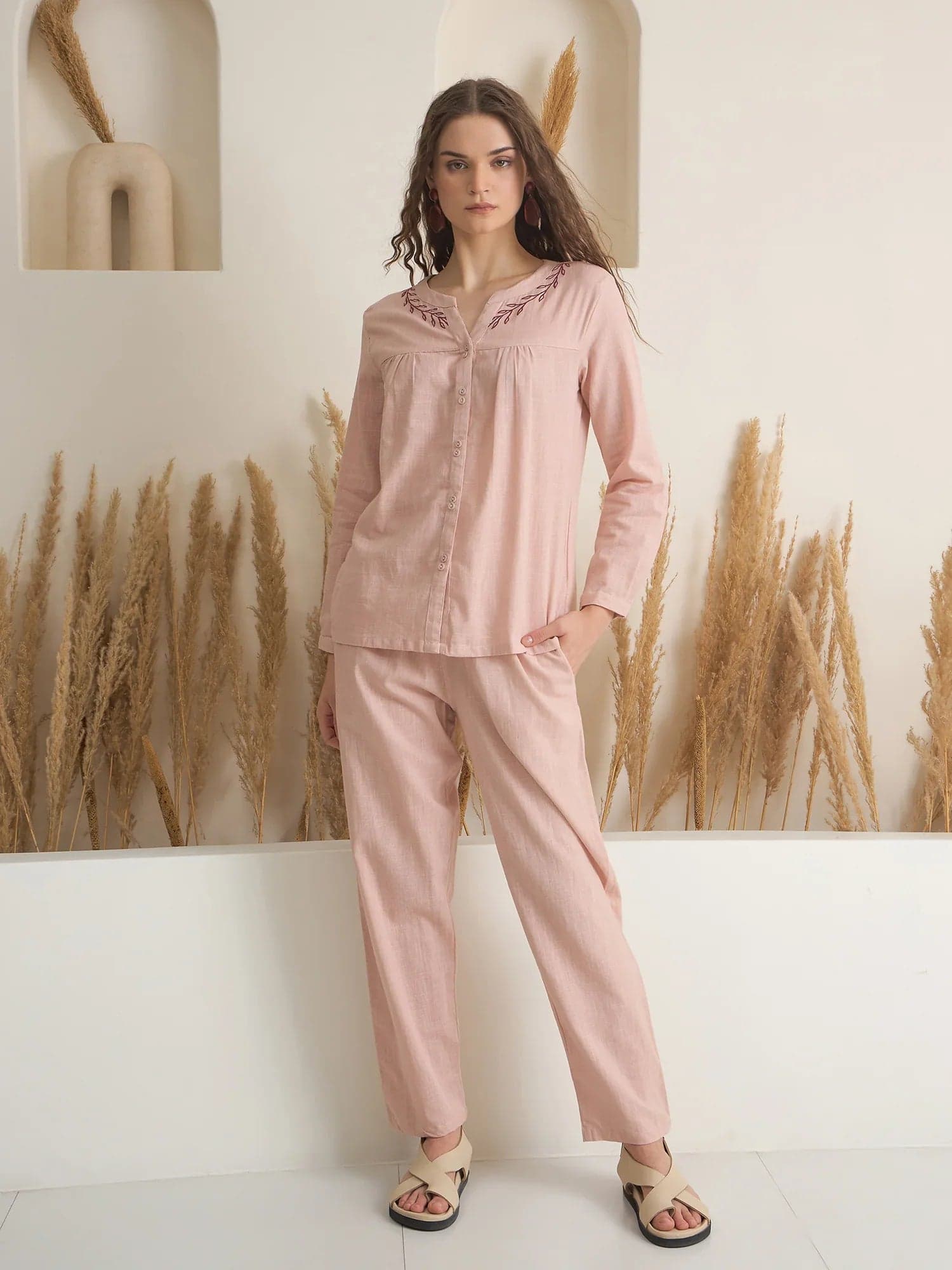 Peach Round Neck Pure Cotton Solid Night Suit For Women