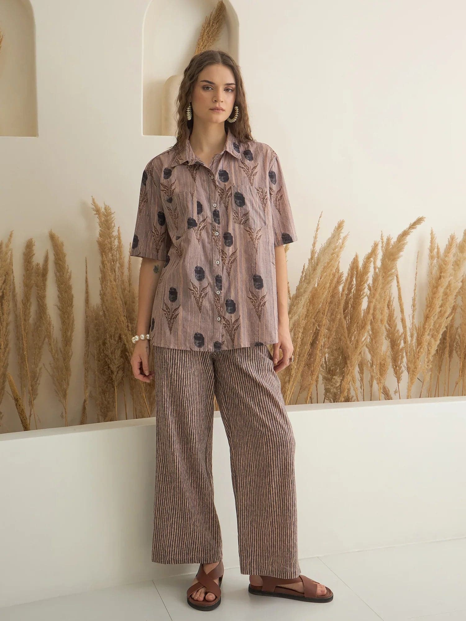 Brown Shirt Collar Pure Cotton Printed Night Suit For Women