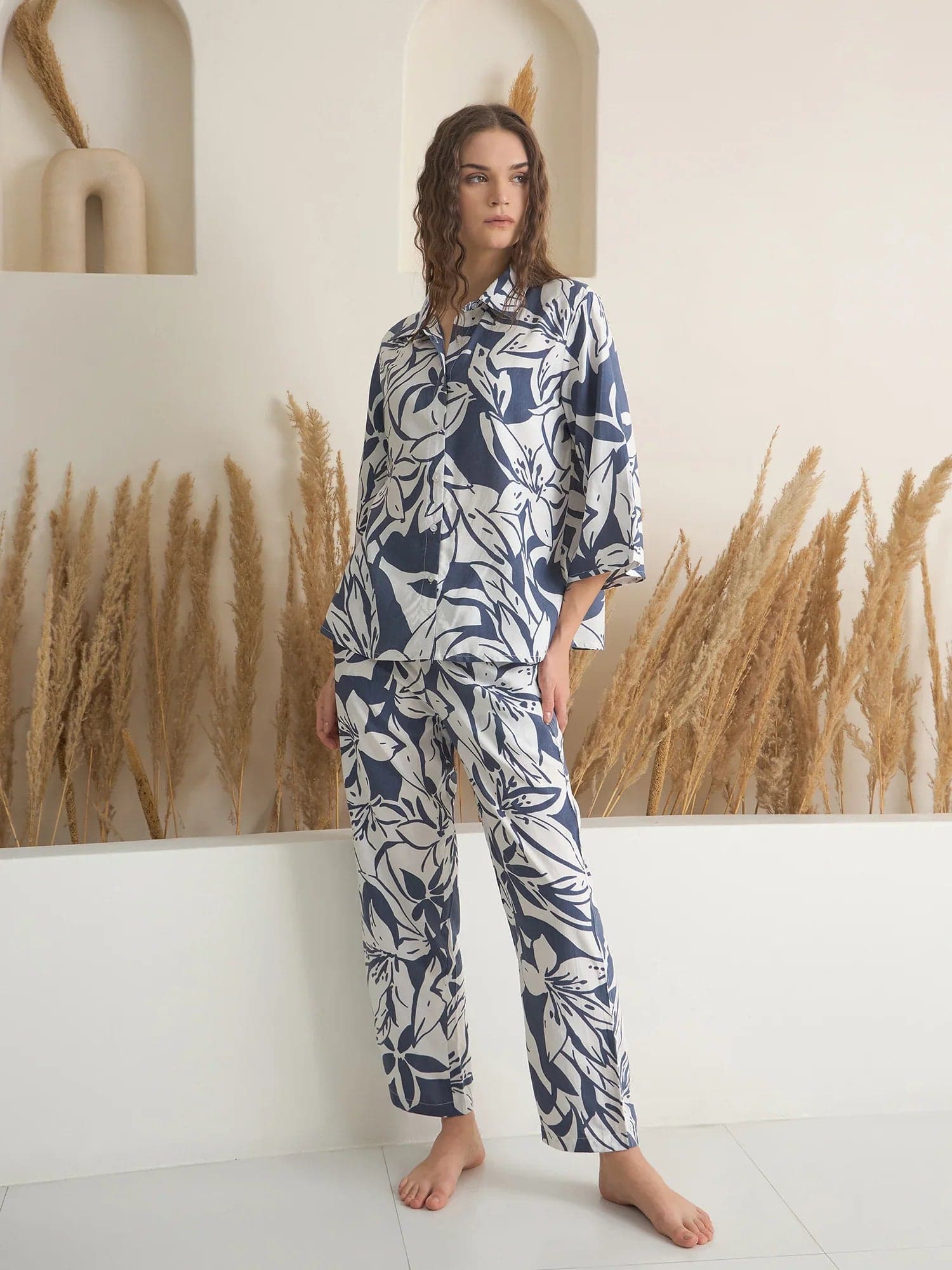 Blue Shirt Collar Viscose Rayon Printed Night Suit For Women