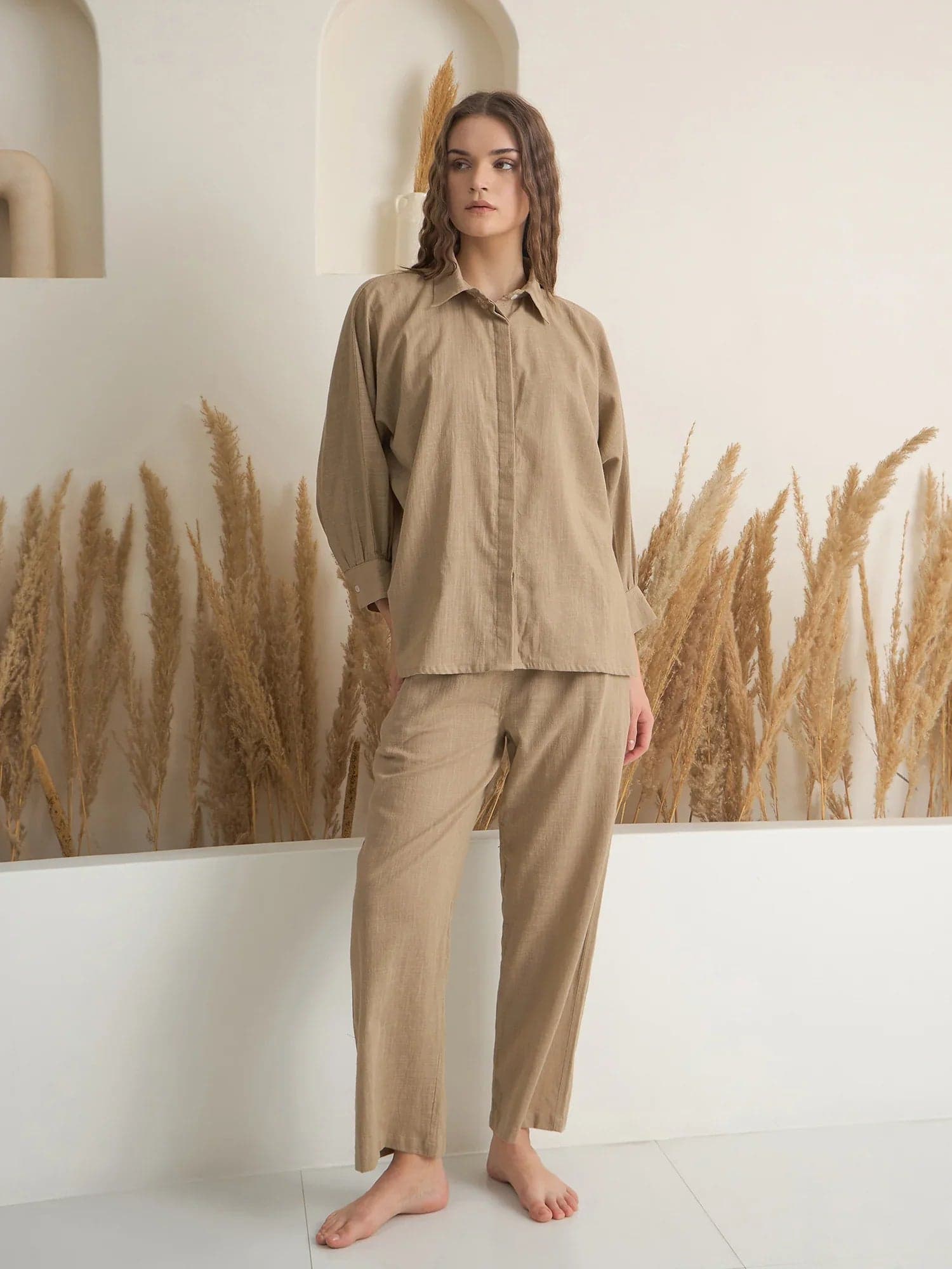 Beige Shirt Collar Pure Cotton Solid Night Suit For Women