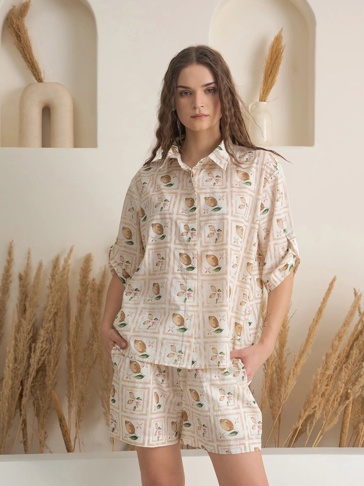 Cream Shirt Collar Pure Cotton Printed Night Suit For Women