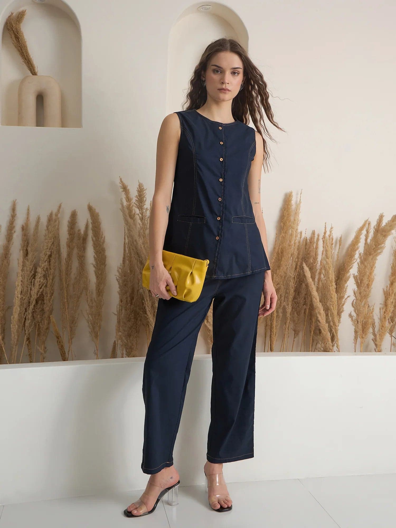 Navy Blue Denim Shirt Collar Pure Cotton Top Dyed Co-Ords Set For Women