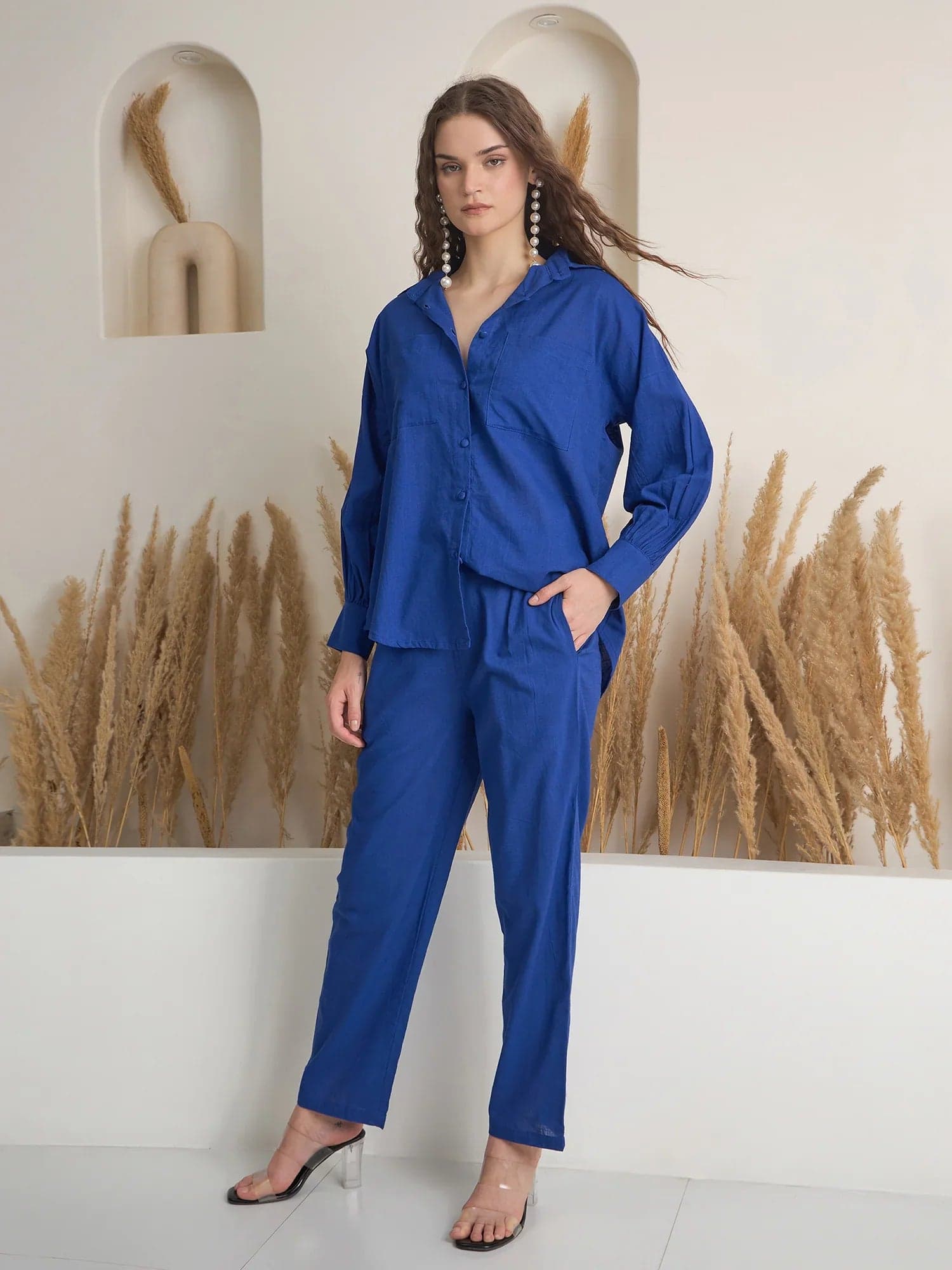 Blue Shirt Collar Pure Cotton Shirt Solid Co-Ords Set For Women