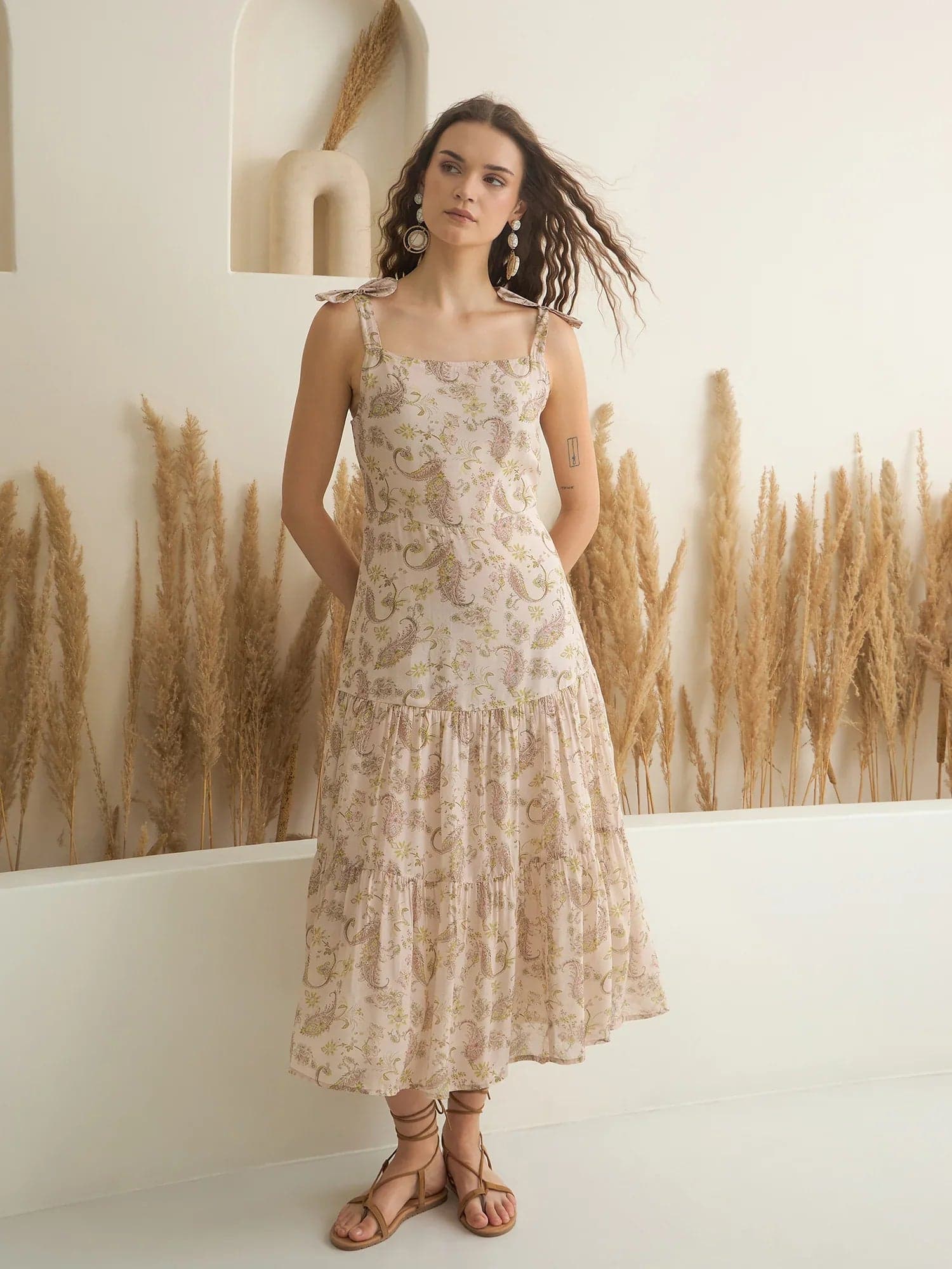 Peach Color Cotton A-Line Printed Dress For Women