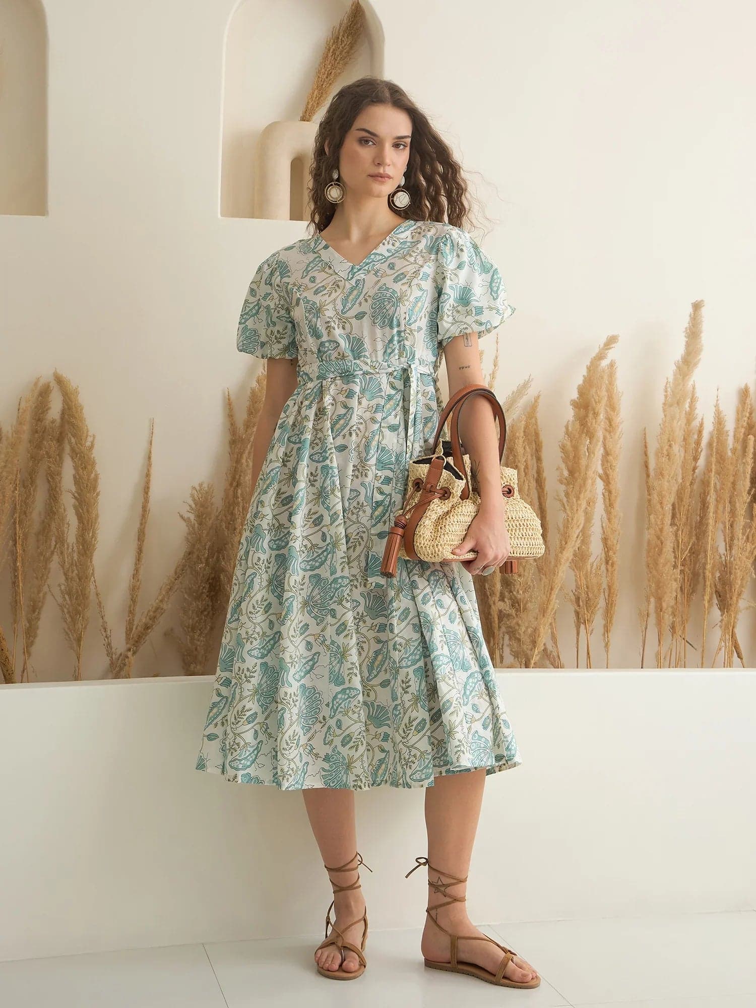 Blue Color Cotton A-Line Printed Dress For Women