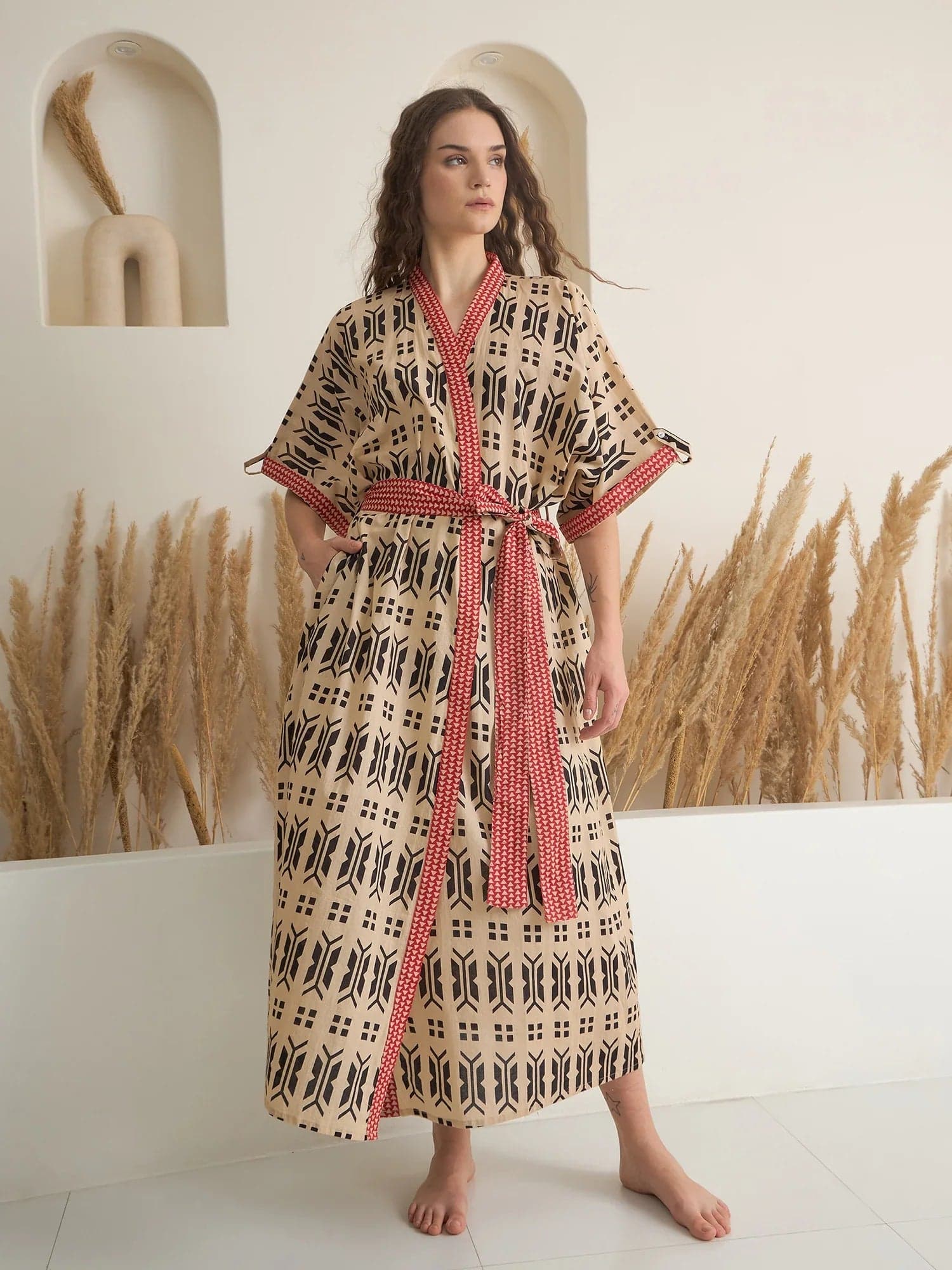 Brown Cotton Printed Bath Robe For Women