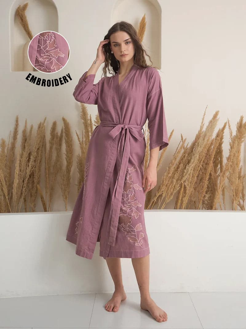 Pink V-Neck Floral Printed Cotton Bath Robe