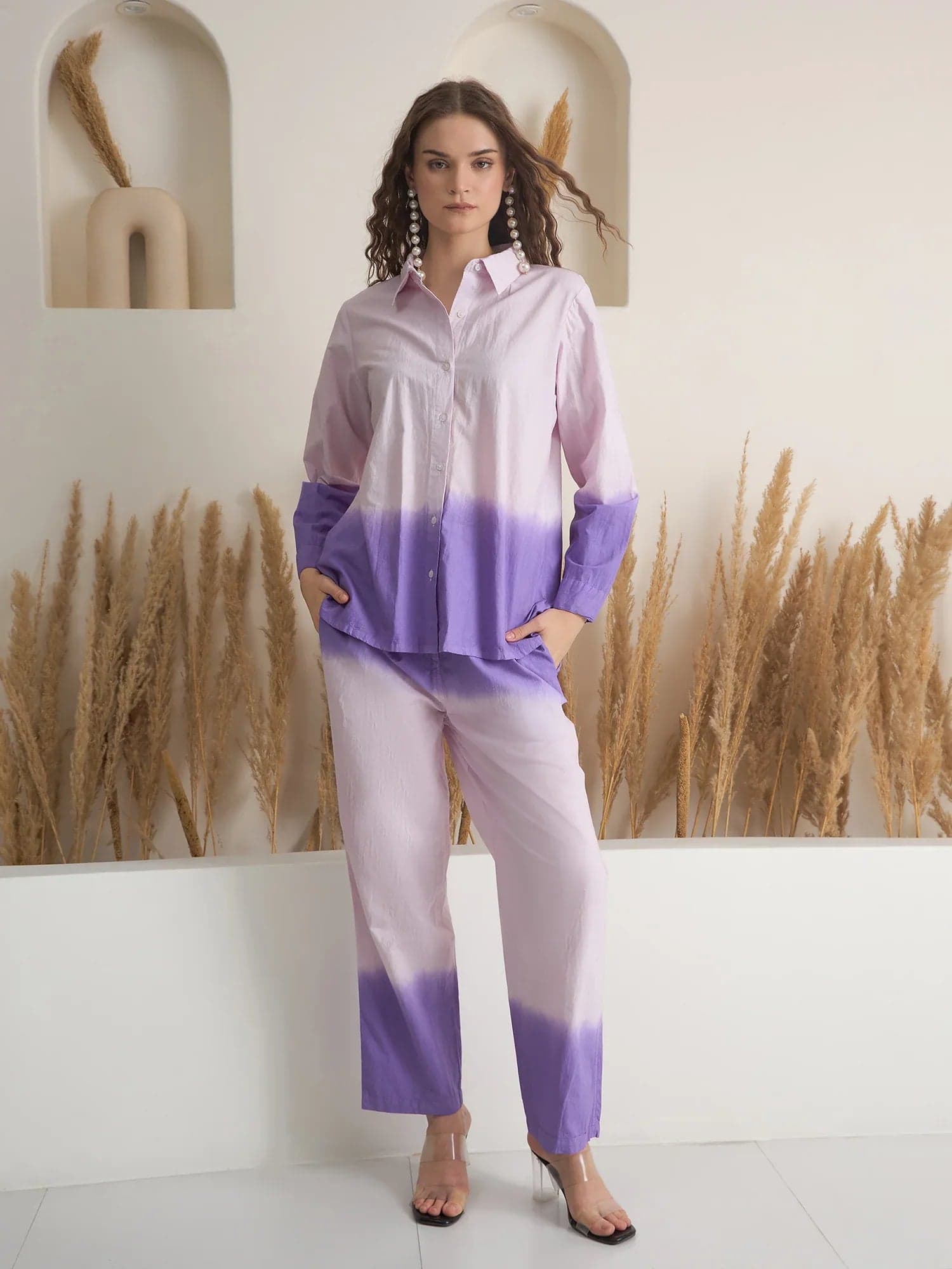 Purple Color Shirt Collar Pure Cotton Dyed Co-Ords Set For Women