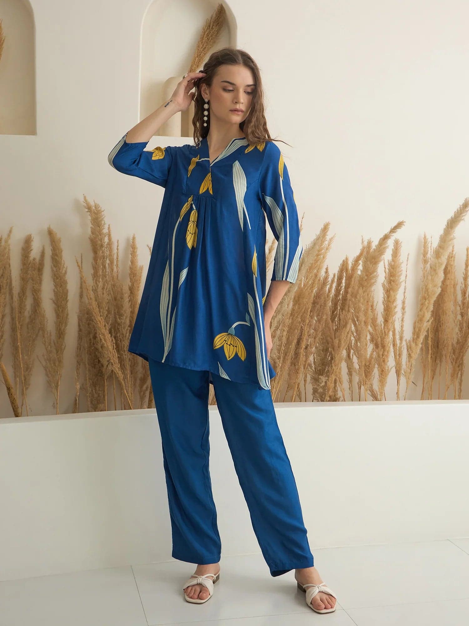 Blue Color V-Neck Silk Blend Printed Co-Ords Set For Women