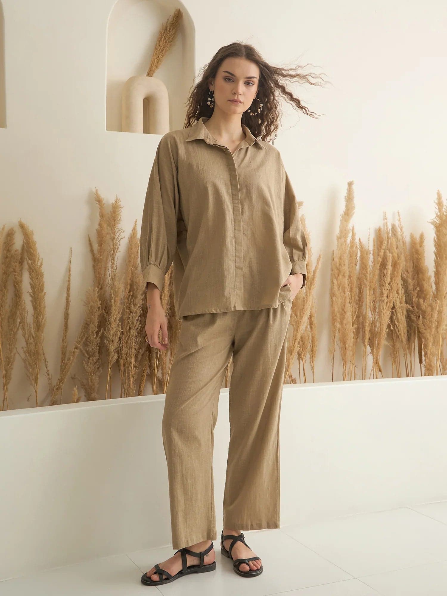 Beige Color Shirt Collar Pure Cotton Solid Co-Ords Set For Women