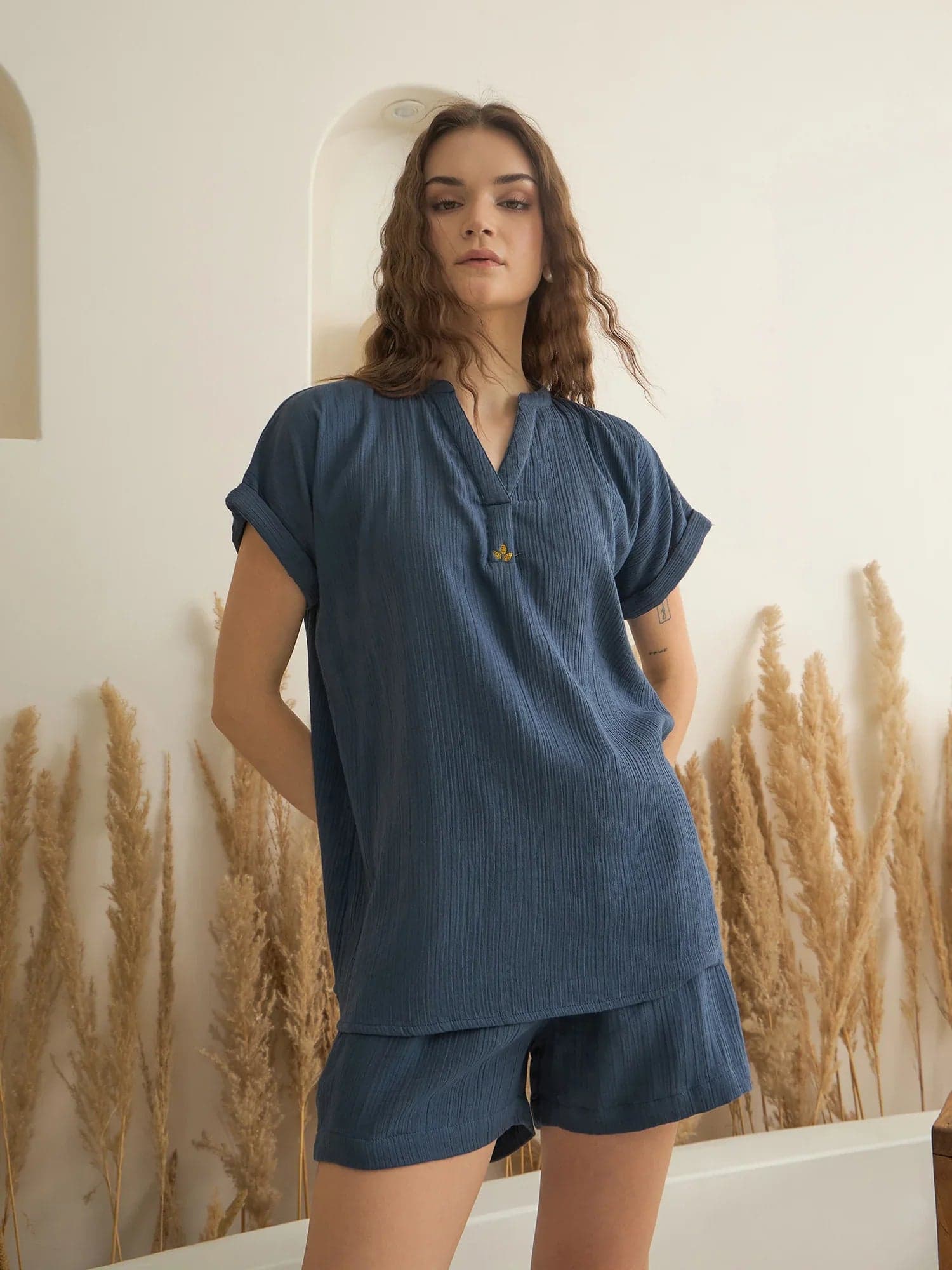 Blue Color V-Neck Pure Cotton Solid Co-Ords Set For Women