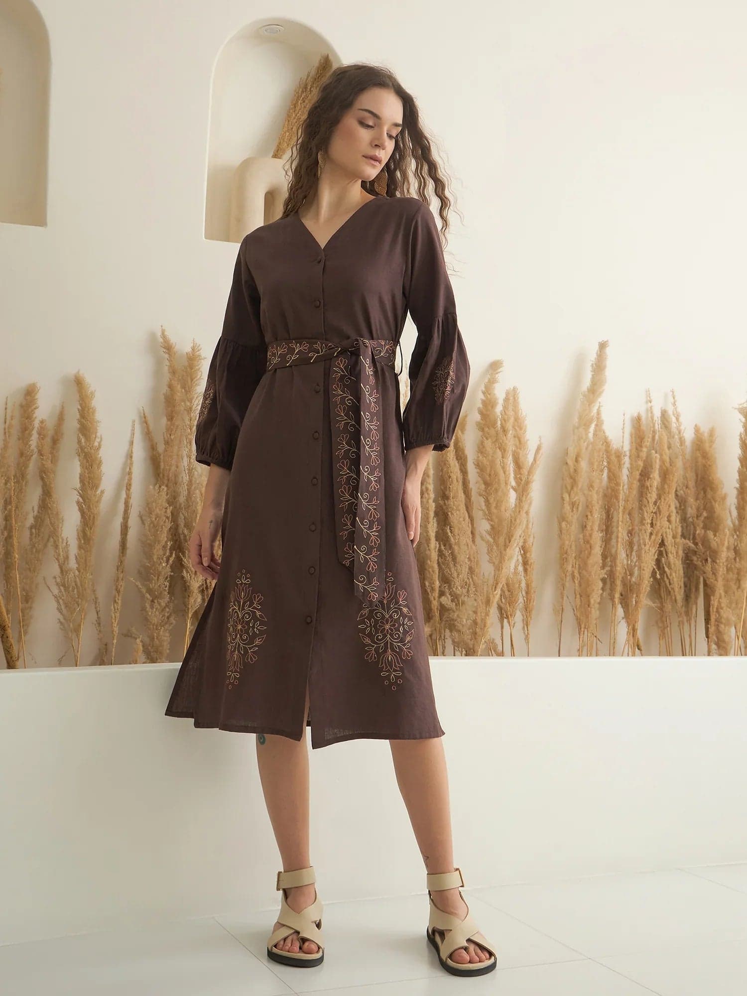 Brown Printed V-Neck Dress With Belt For Women