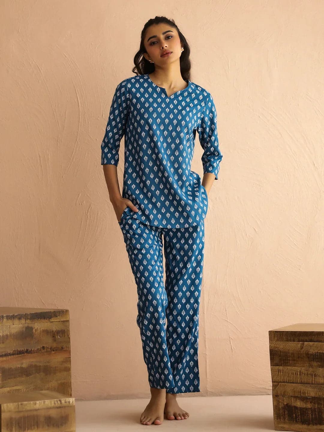 Blue Round Neck Viscose Rayon Printed Ethnic Motifs Night Suit For Women