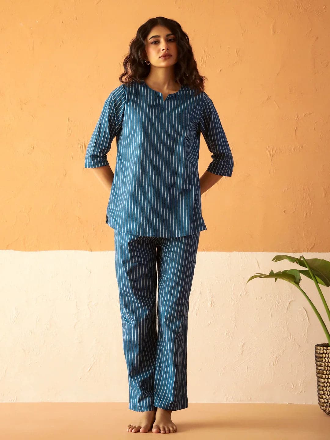 Blue Round Neck Pure Cotton Striped Printed Night Suit For Women