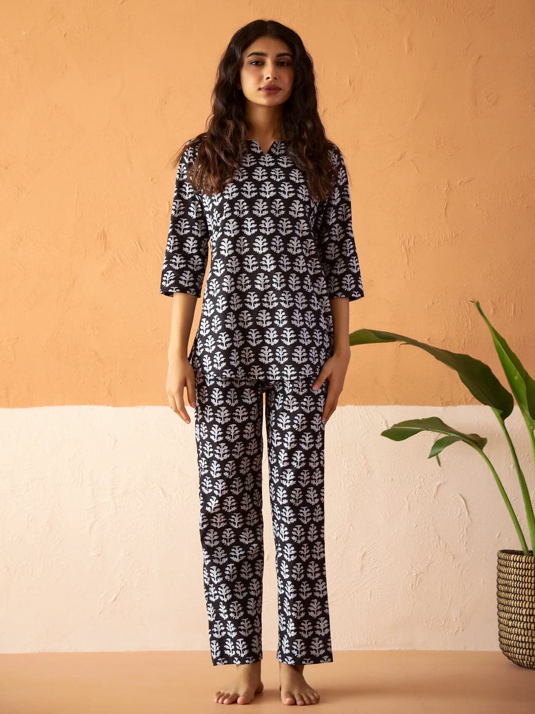 Black Round Neck Pure Cotton Printed Floral Night Suit For Women