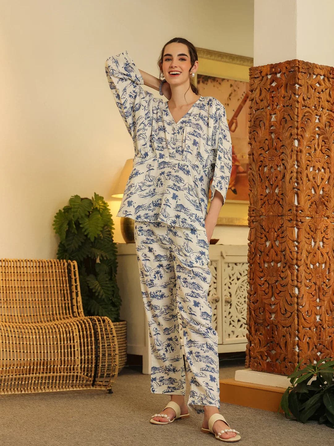 White V-Neck Pure Cotton Top Printed Co-Ords Set For Women