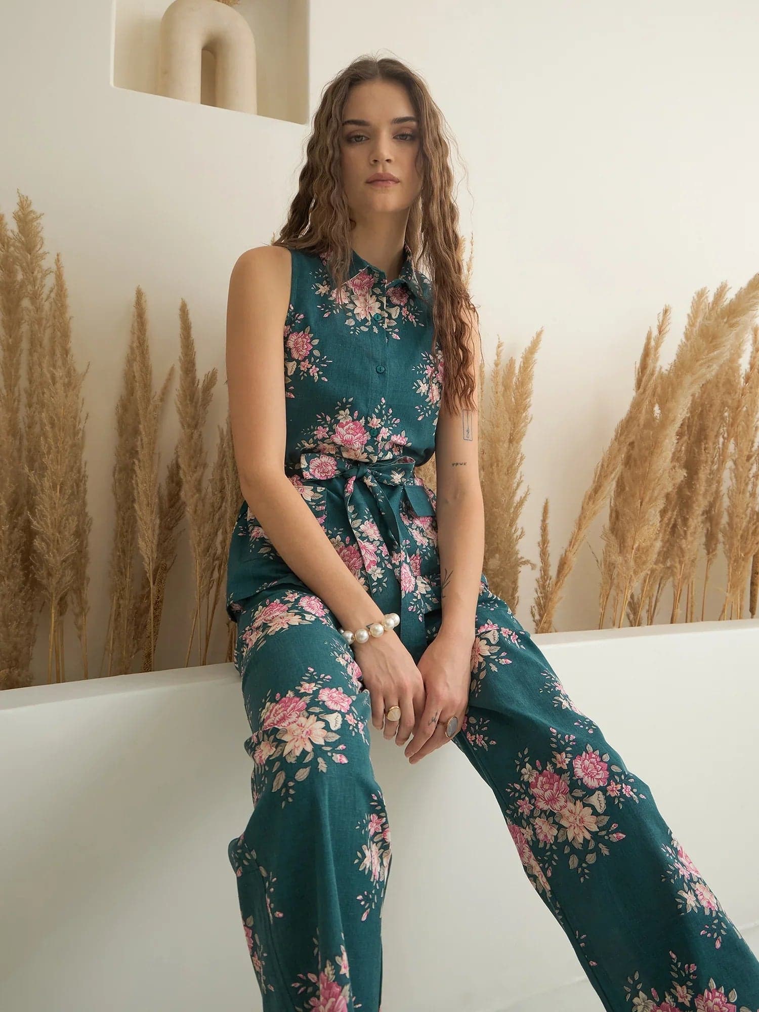 Sea Green Shirt Collar Pure Cotton Top Printed Co-Ords Set For Women
