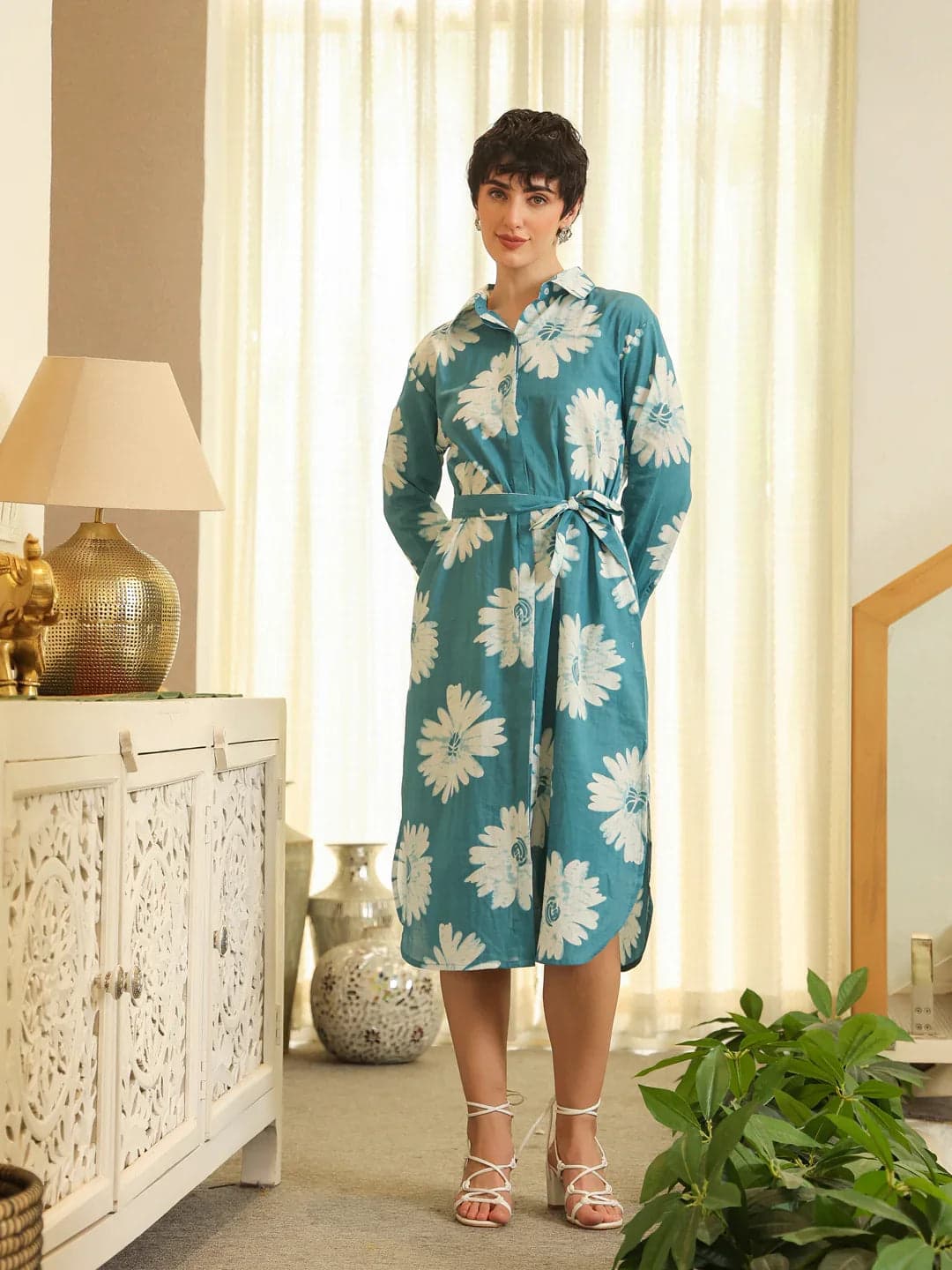 Blue Cotton Printed Shirt Collar Dress For Women