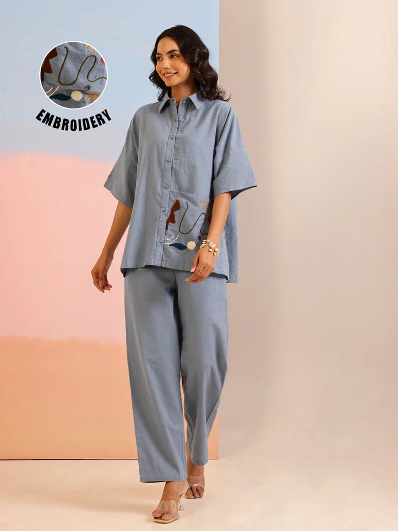 Blue Shirt Collar Pure Cotton Solid Co-Ords Set For Women