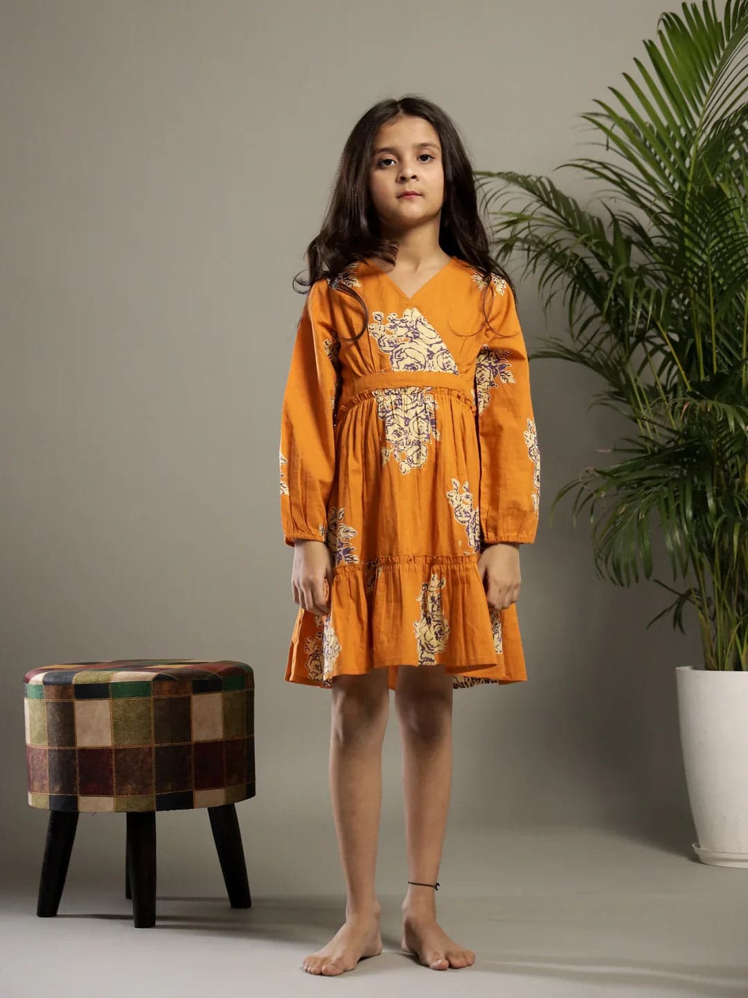 Orange V-Neck Printed Cotton Dress For Kids