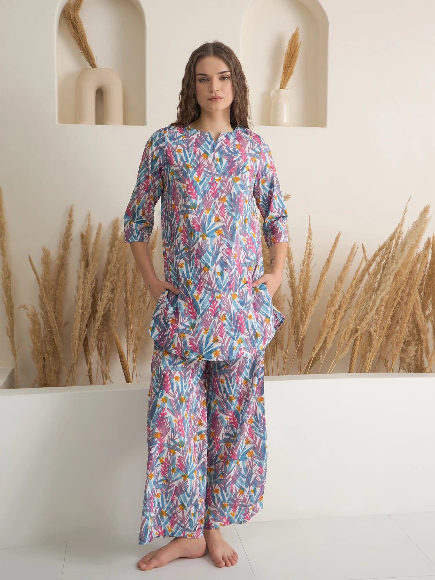Blue Floral Printed Cotton Night Suit For Women