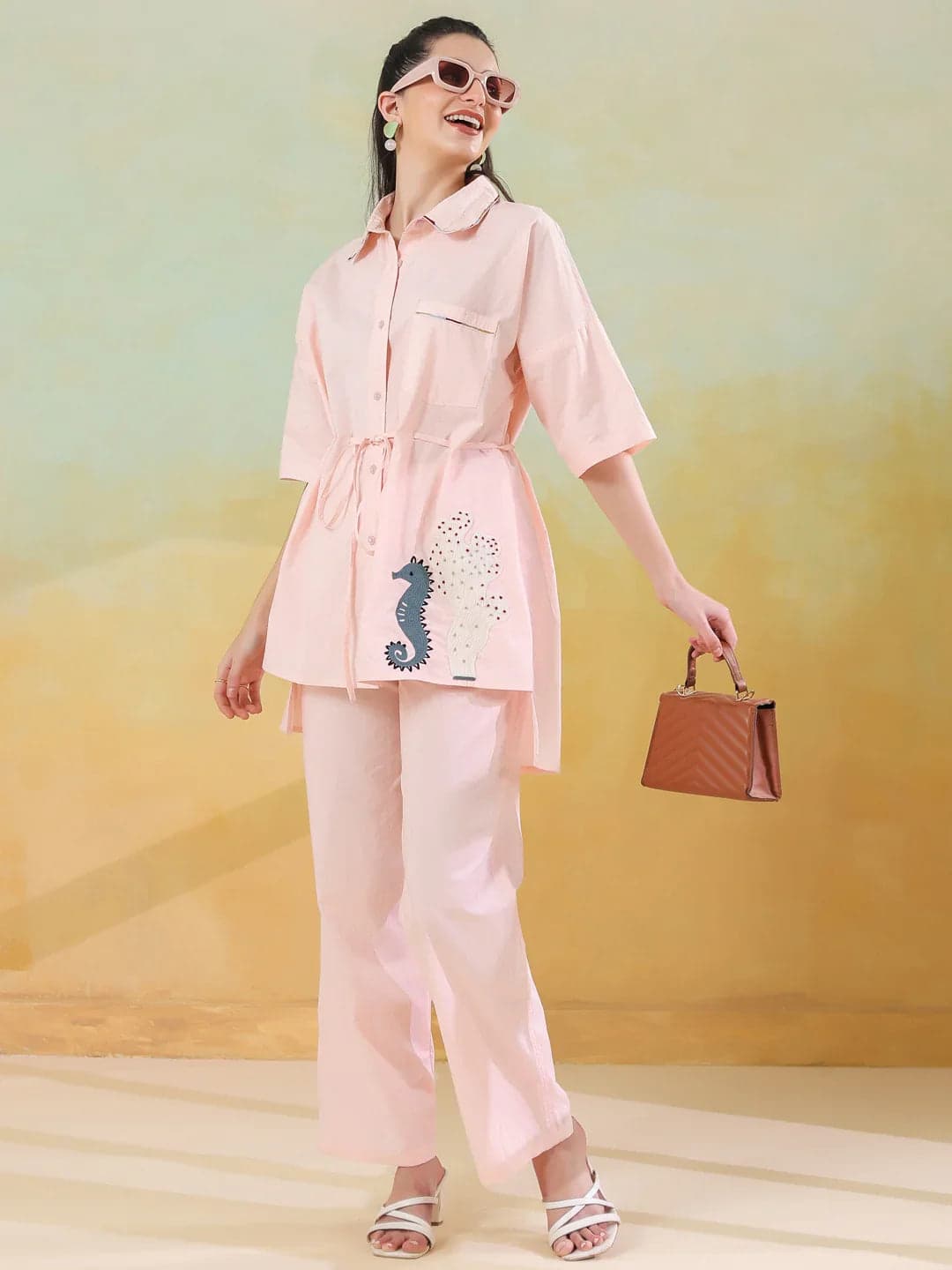 Peach Color Solid Co-Ords Set For Women And Girls