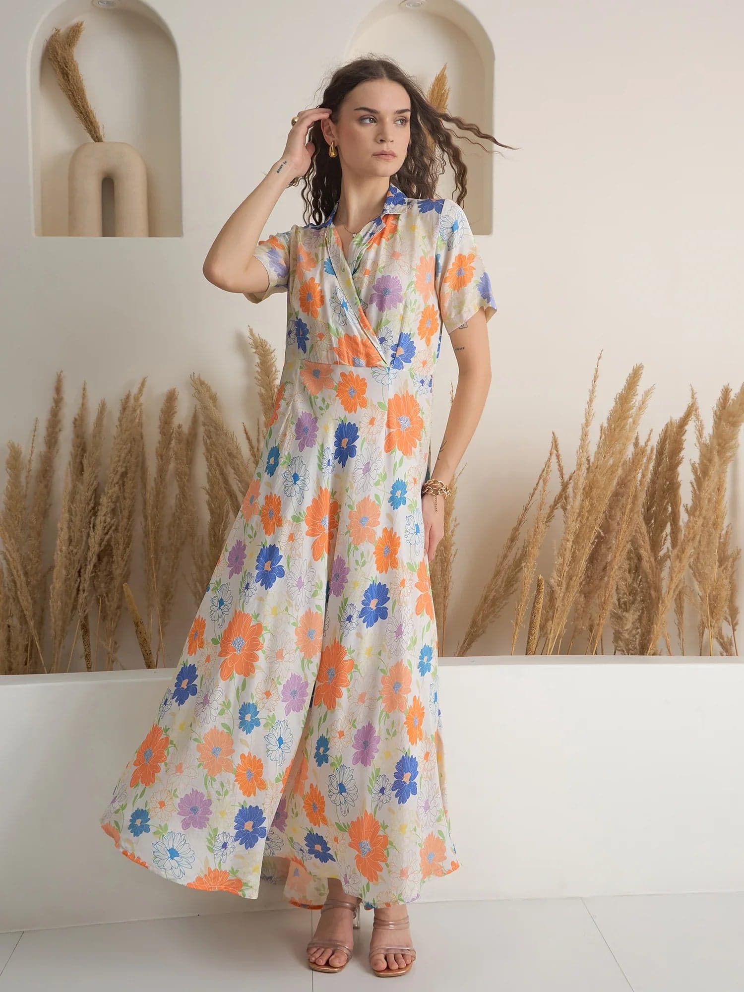 Off White Floral Printed Viscose Rayon Dress For Women