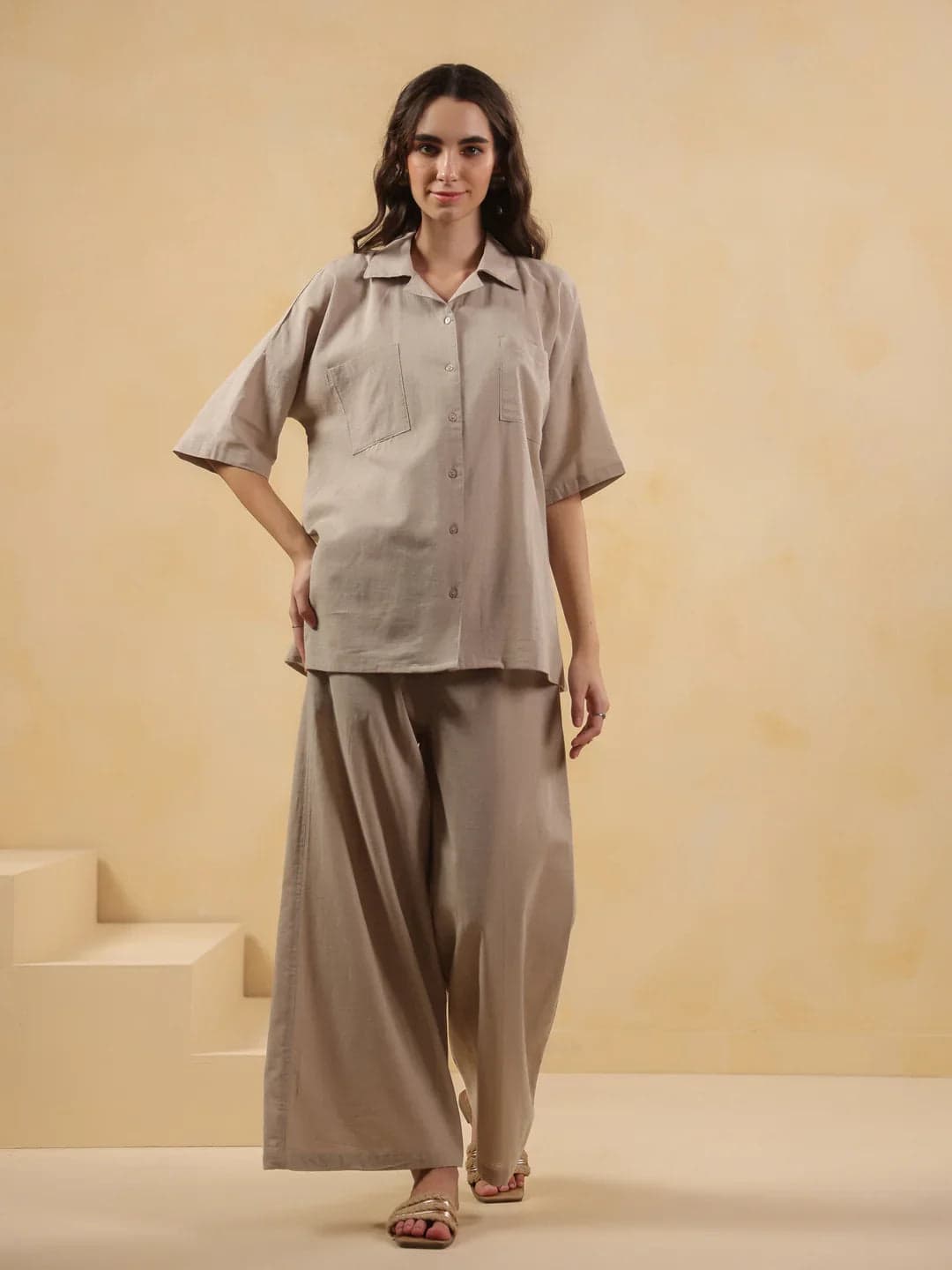 Beige Lapel Collar Pure Cotton Solid Night Suit For Women