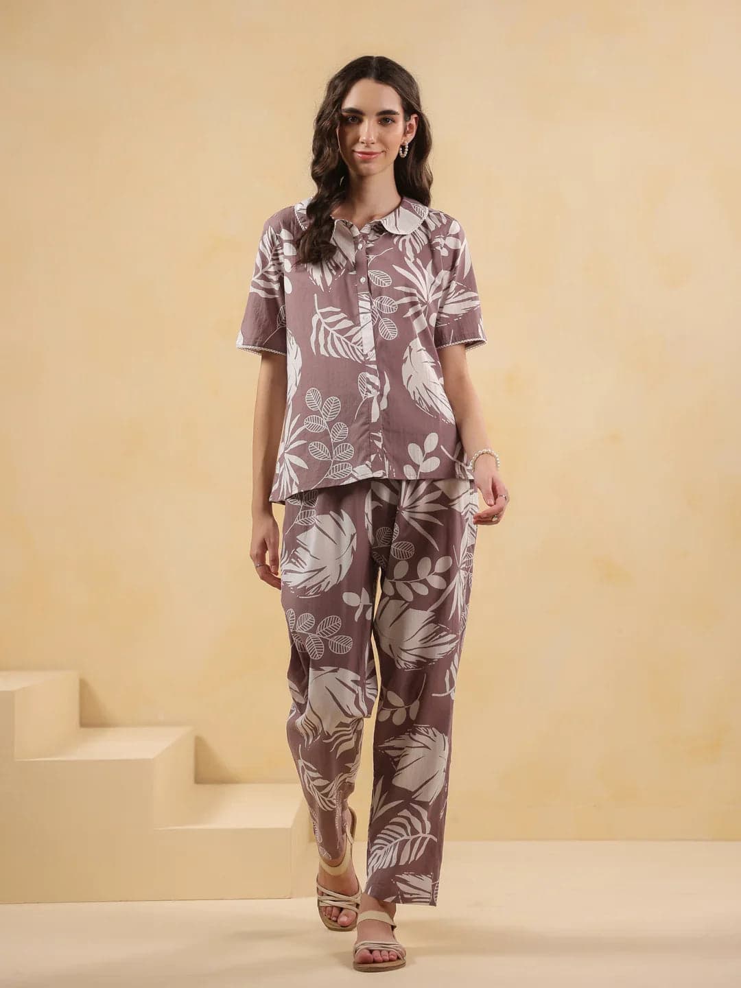 Lavender Shirt Collar Pure Cotton Printed Night Suit For Women