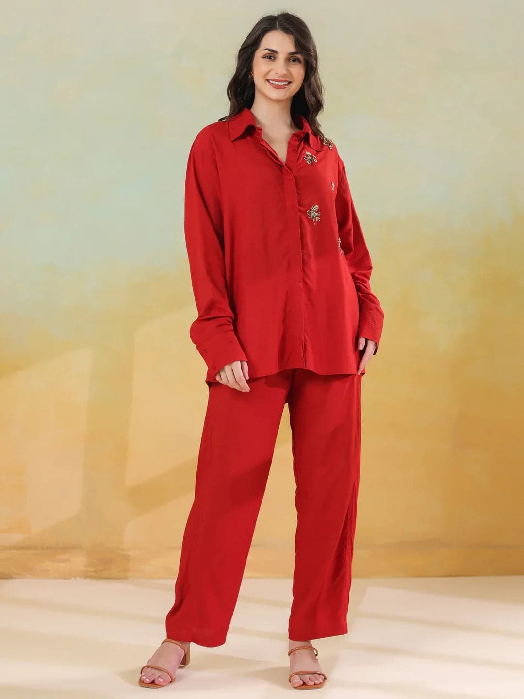 Red Solid Shirt Collar Co-Ords Set For Women