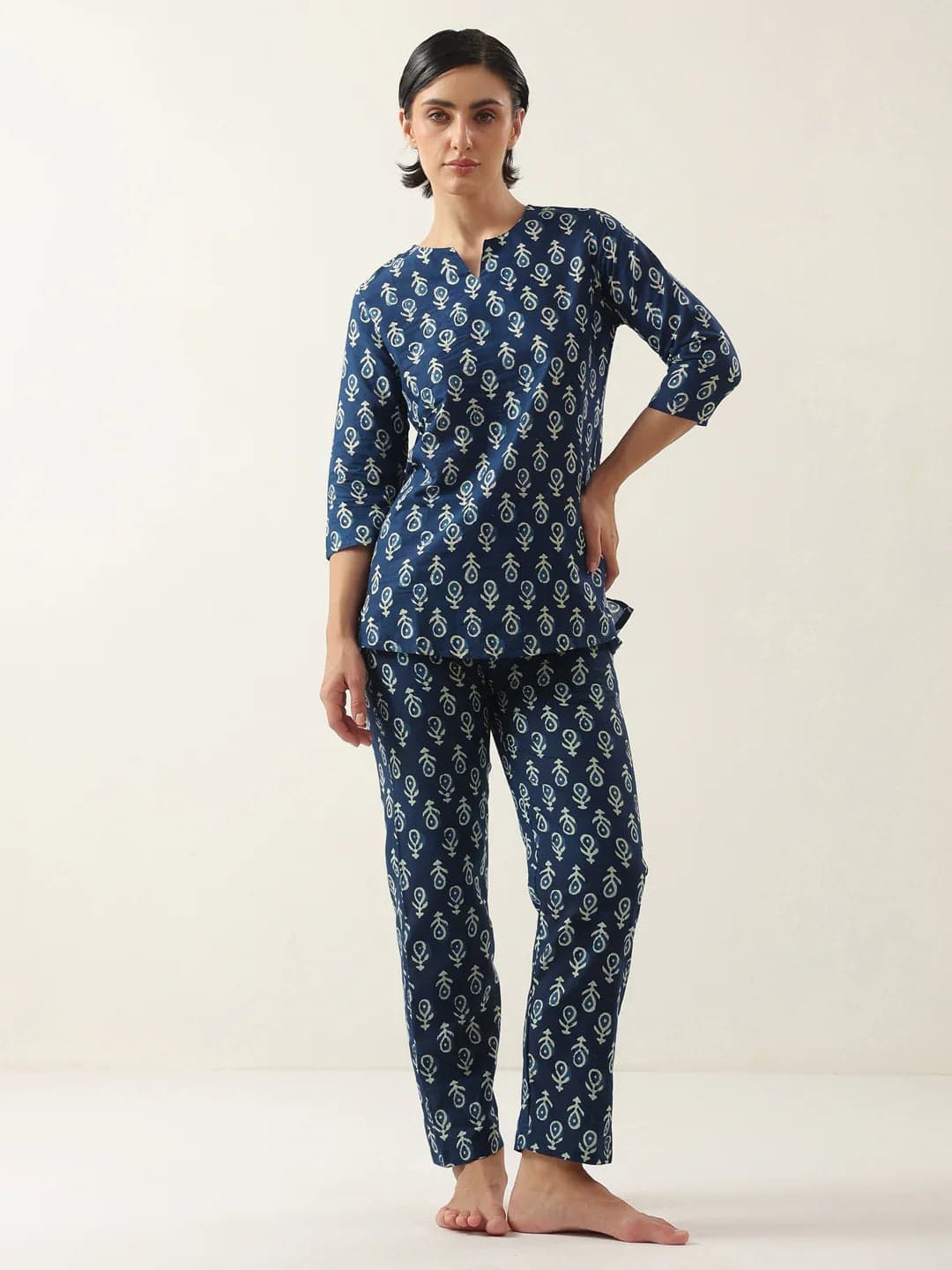 Blue Color Round Neck Floral Printed Night Suit