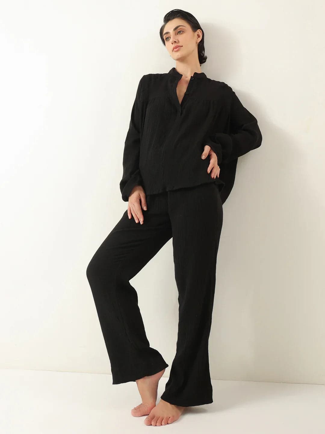 Black Color Round Neck Pure Cotton Co-Ords Set For Women