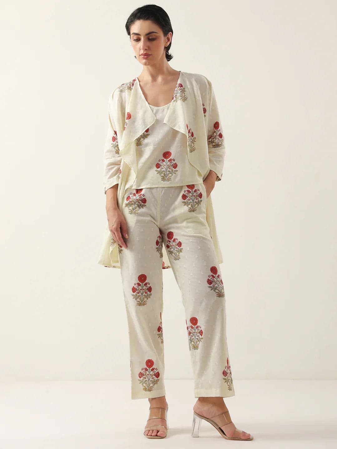 Cream Round Neck Cotton Floral Printed Co-Ords Set