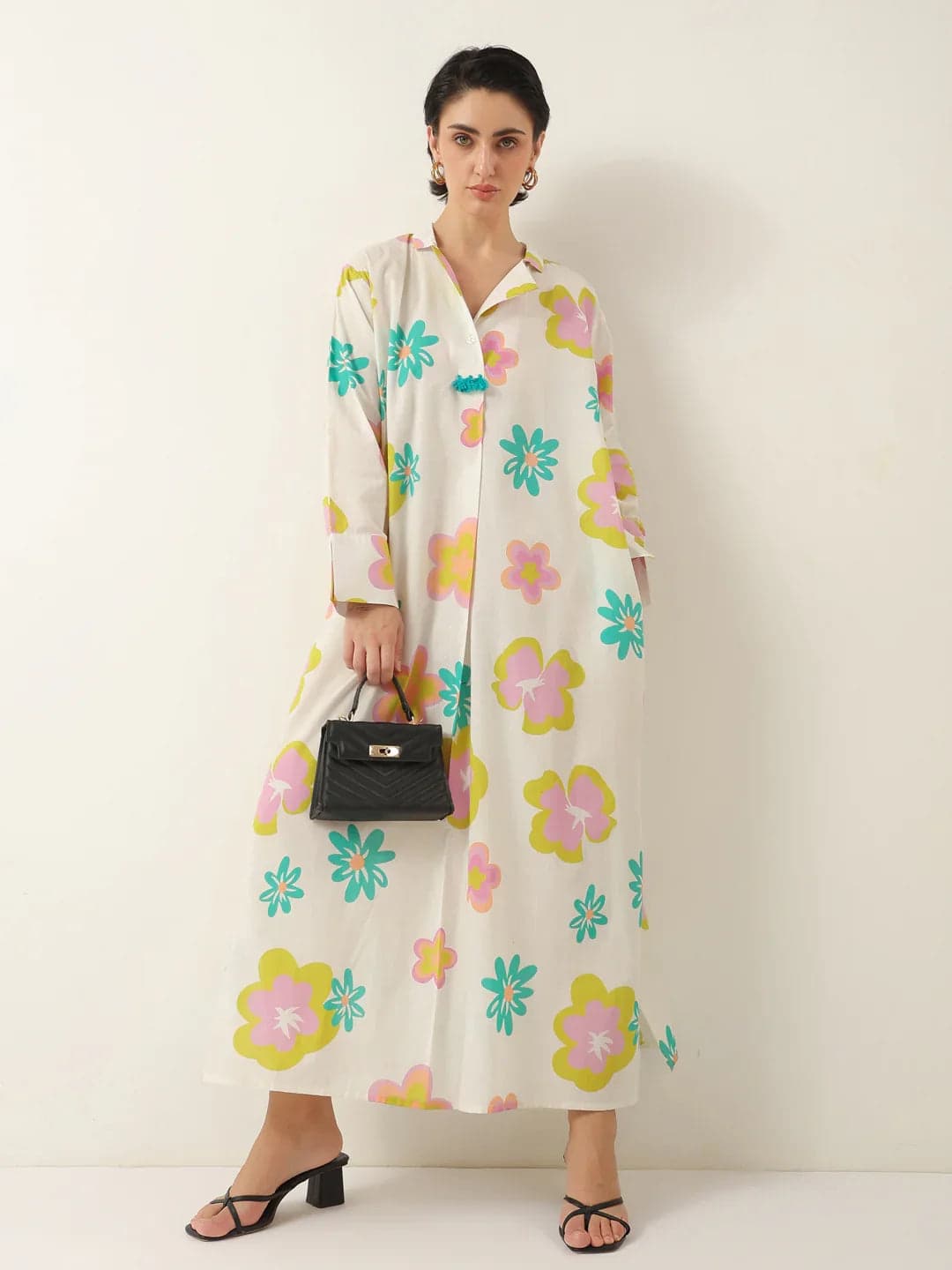 White Color Floral Shirt Collar Dress For Women