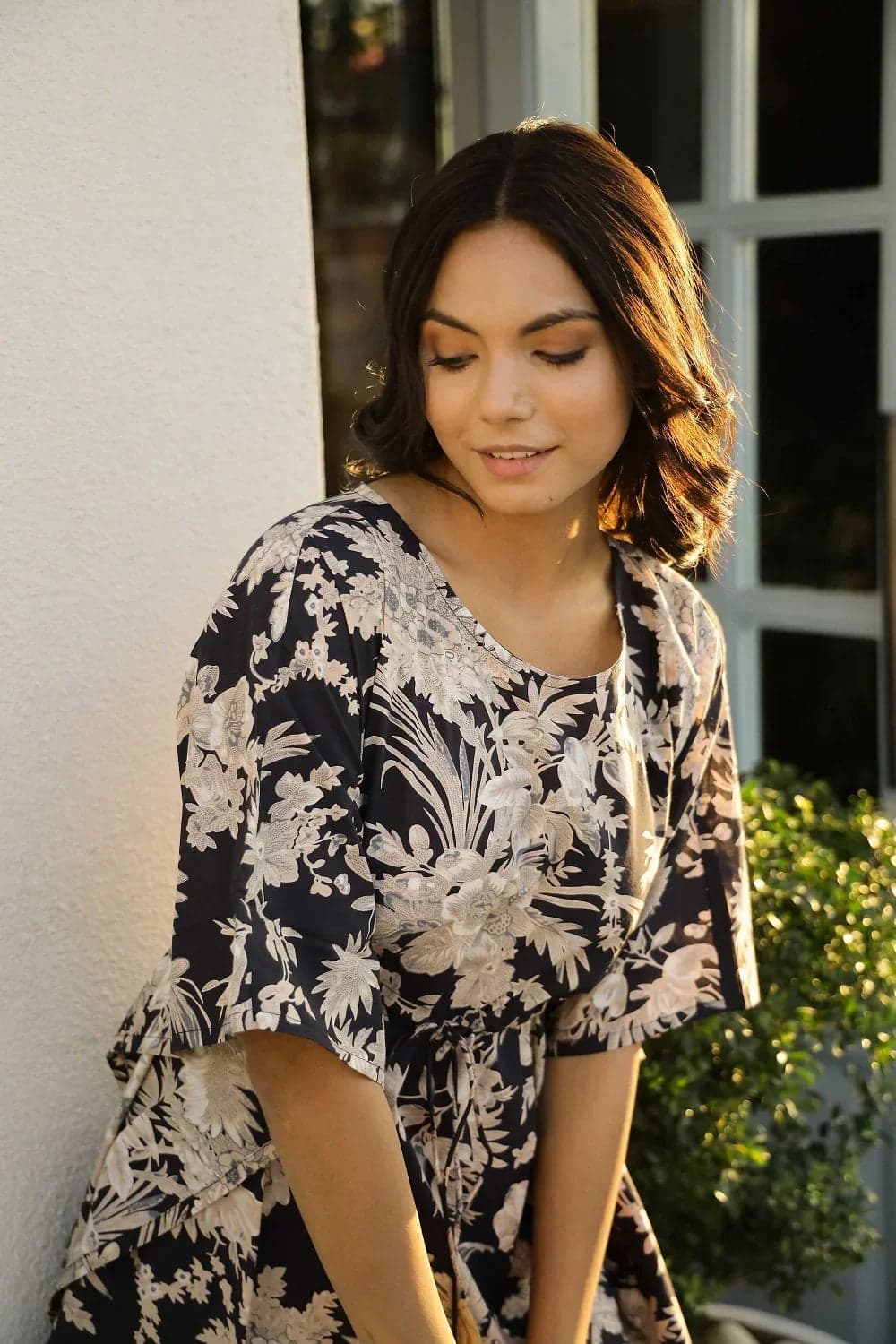 Black Cotton Printed Kaftan And Pajama Set For Women
