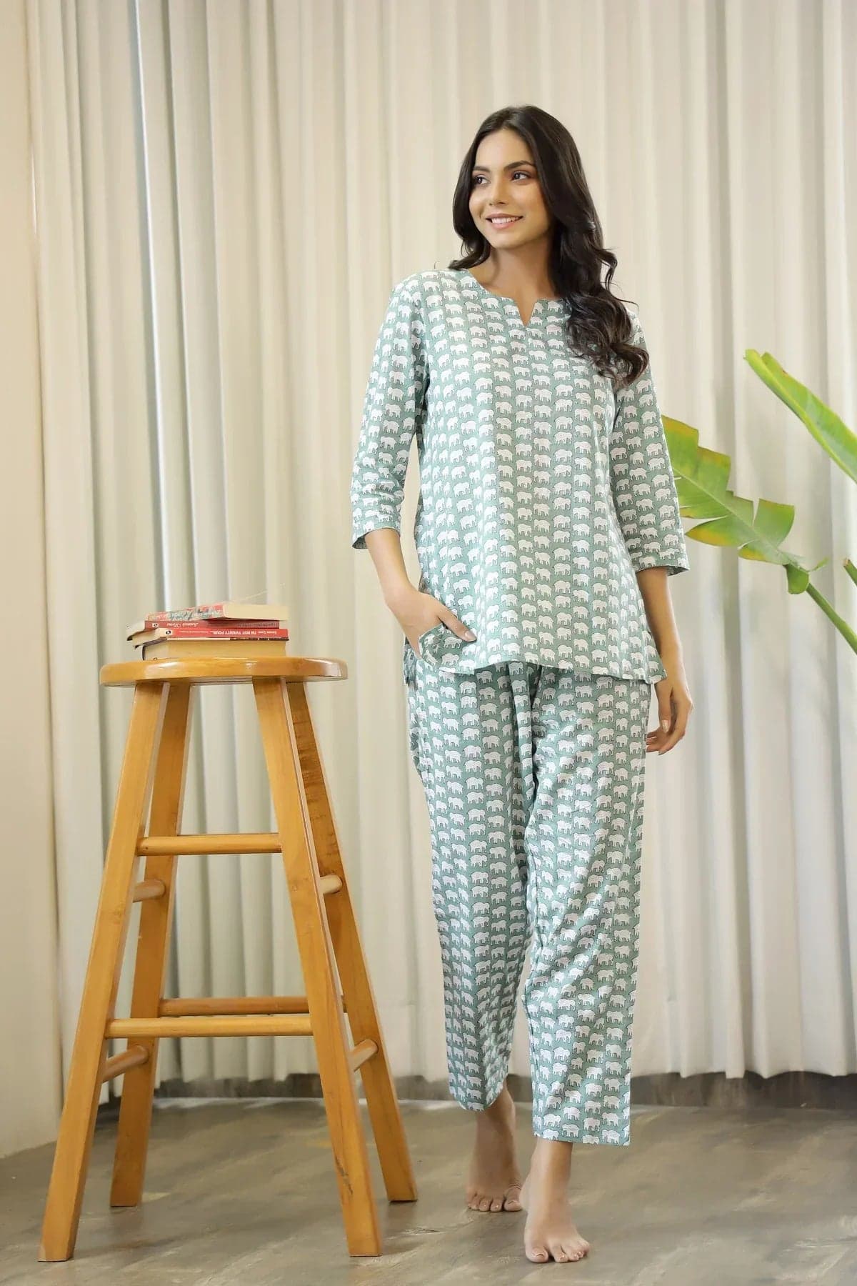 Green Cotton Elephant Print Night Suit Set With Payjama