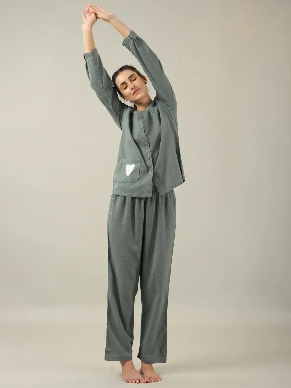 Grey Solid Cotton Night Suit