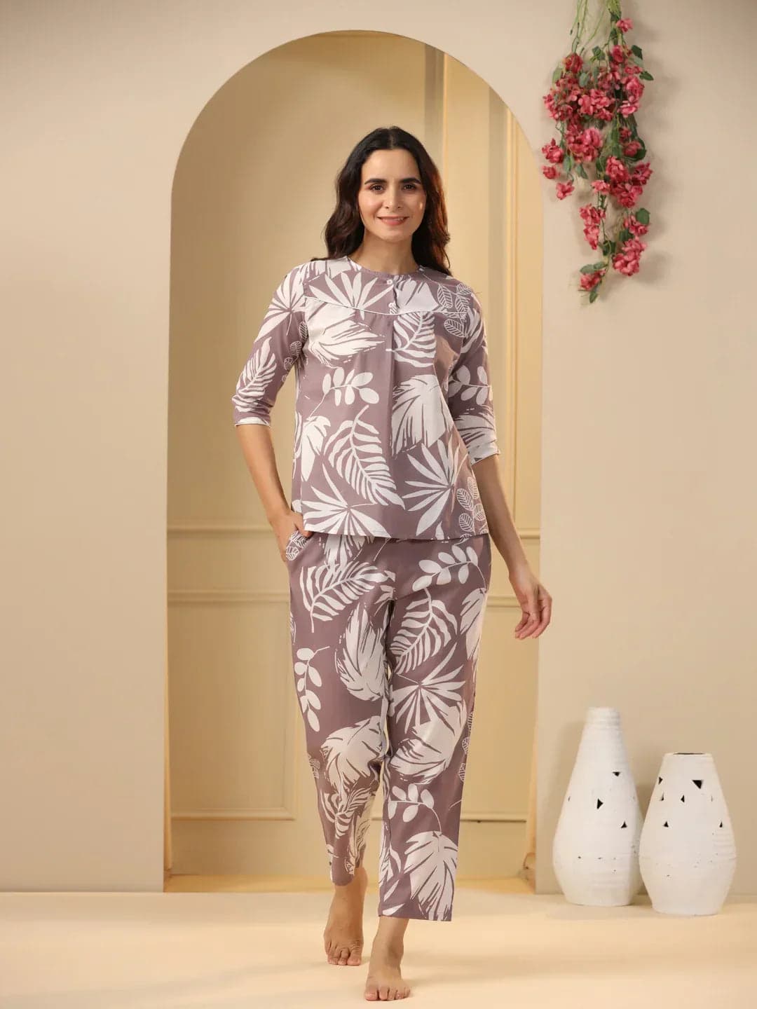 Lilac Cotton Printed Night Suit Set With Pajama