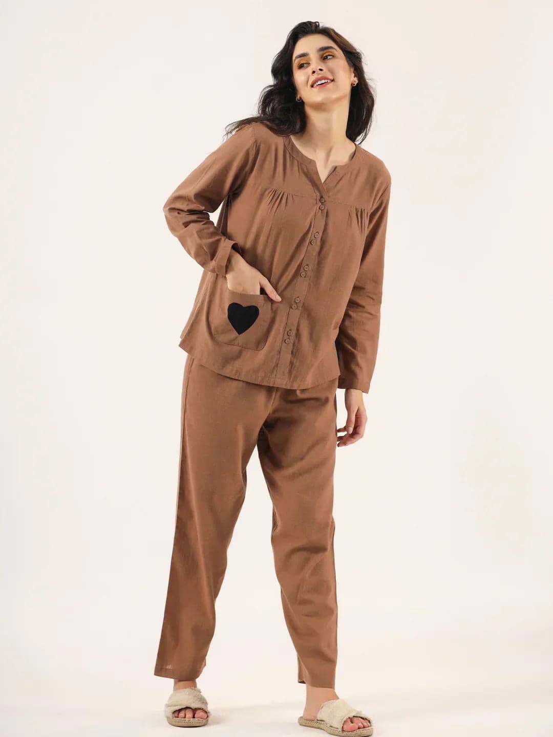 Brown Solid Cotton Round Neck Night Suit