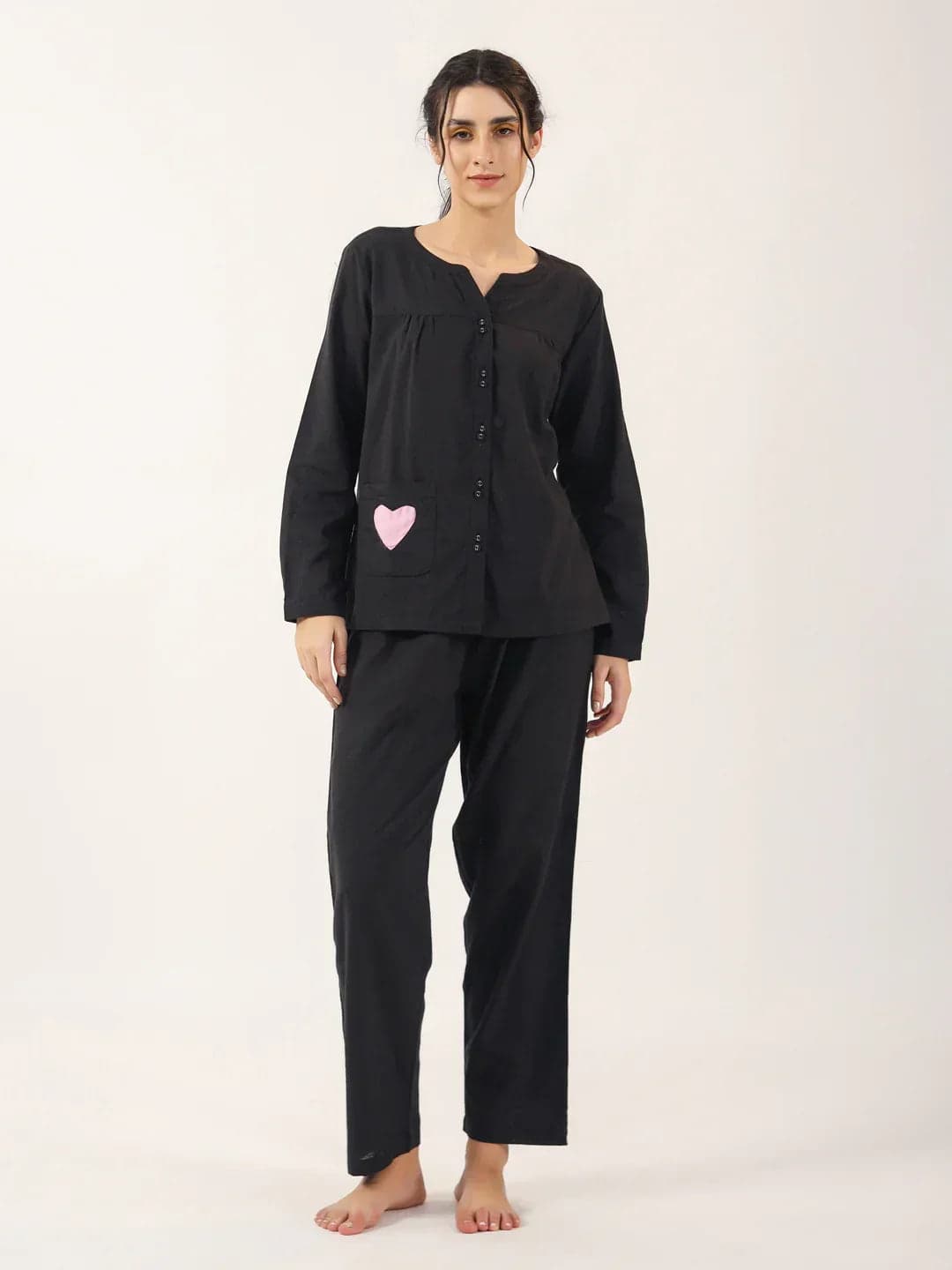 Black Solid Cotton Night Suit