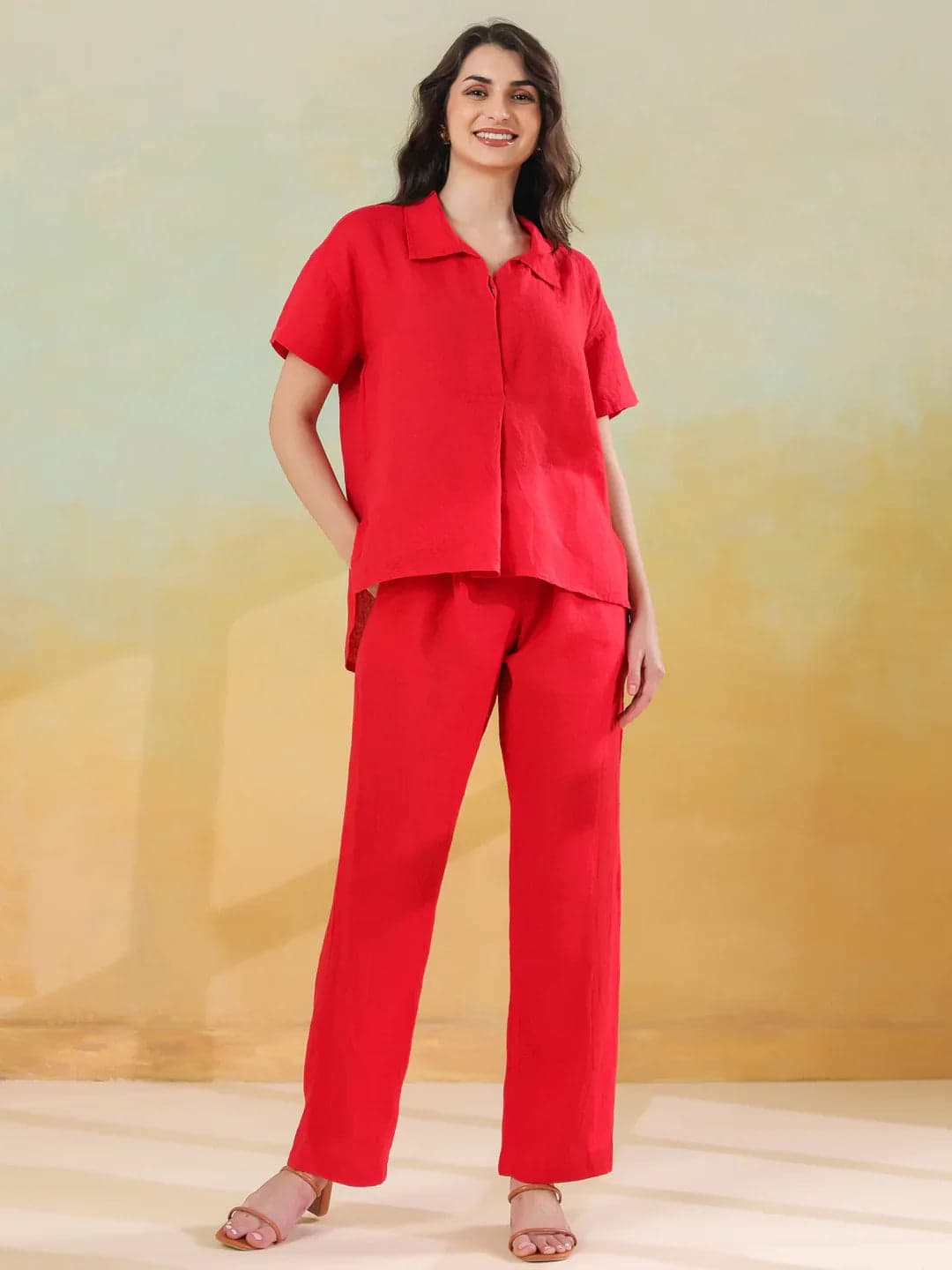 Red Solid Shirt Collar Co-Ords Set For Women And Girls