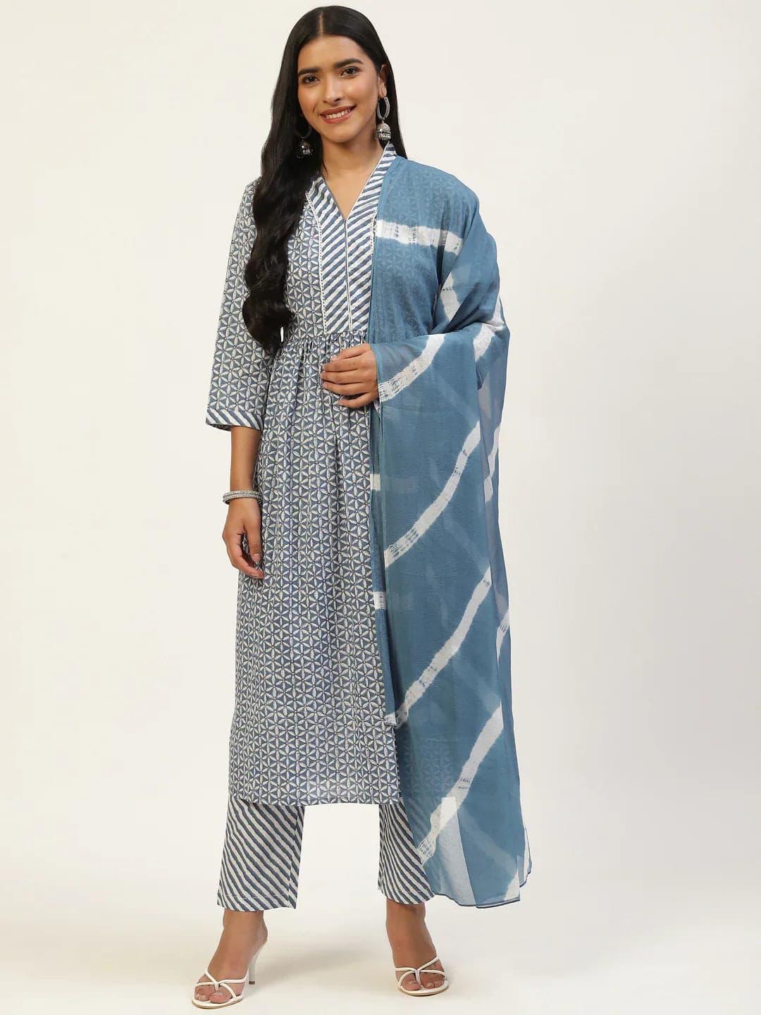 Blue Pure Cotton Floral Printed V-Neck Kurta Set With Dupatta