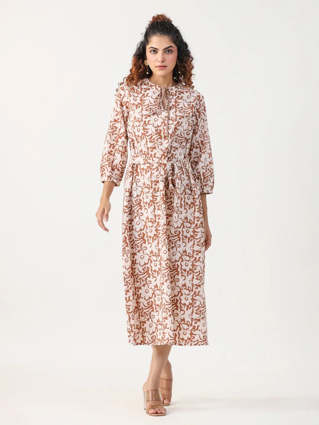 Rust Floral Printed Puffed Sleeves Round Neck Pure Cotton A-Line Night Dress