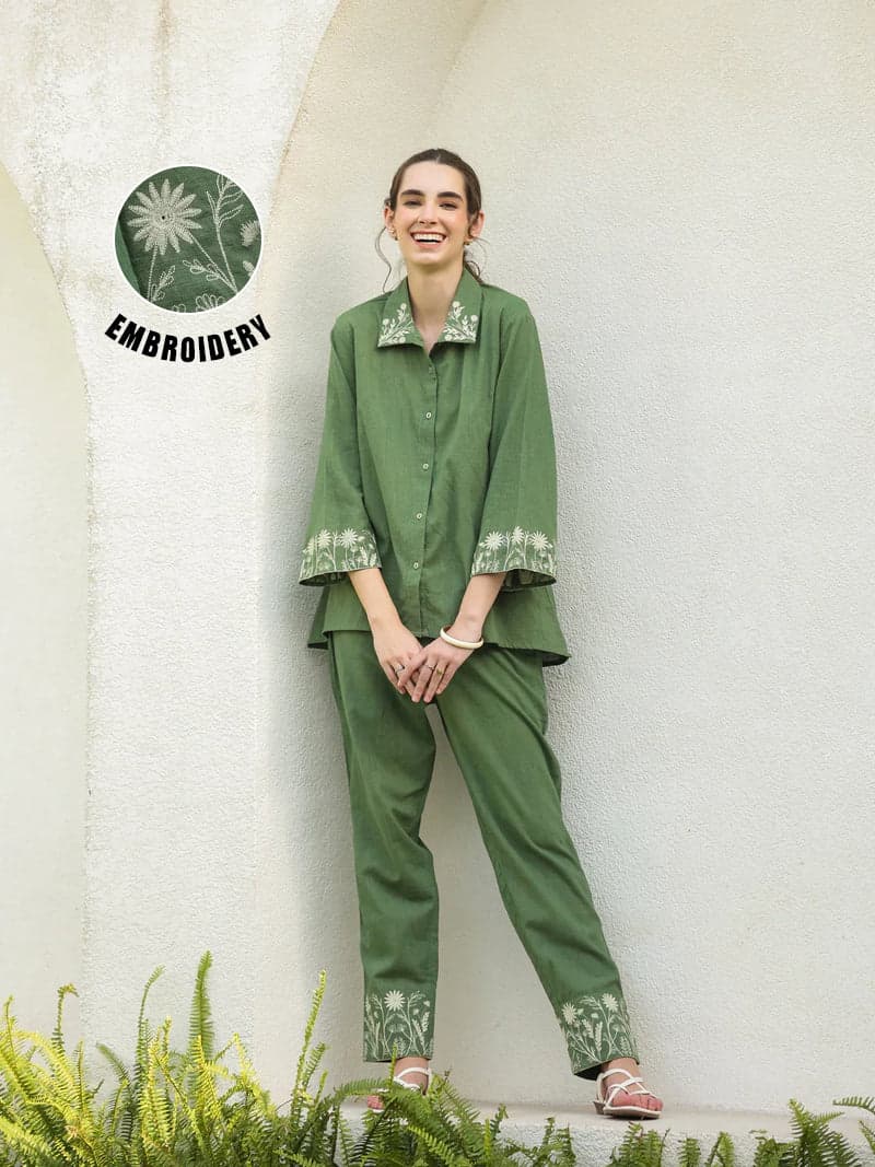 Green Pure Cotton Embroidered Shirt Collar Co-Ord Set For Women