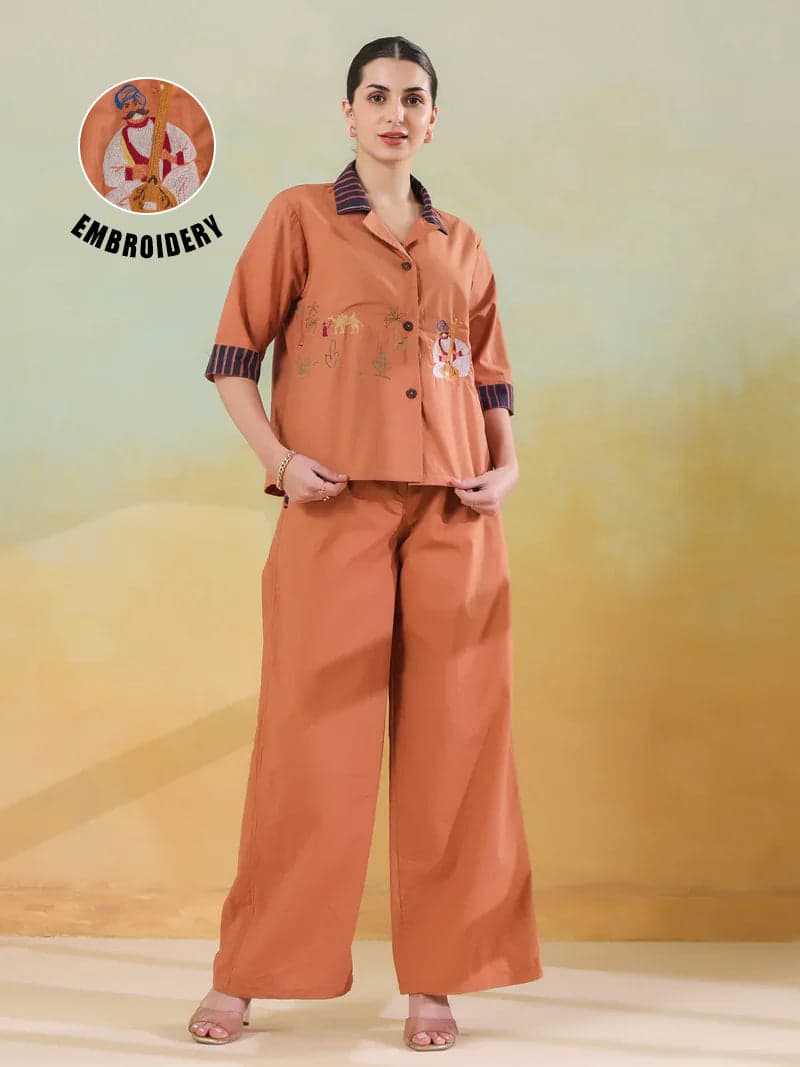 Brown Polyester Shirt Collar Co-Ord Set For Women