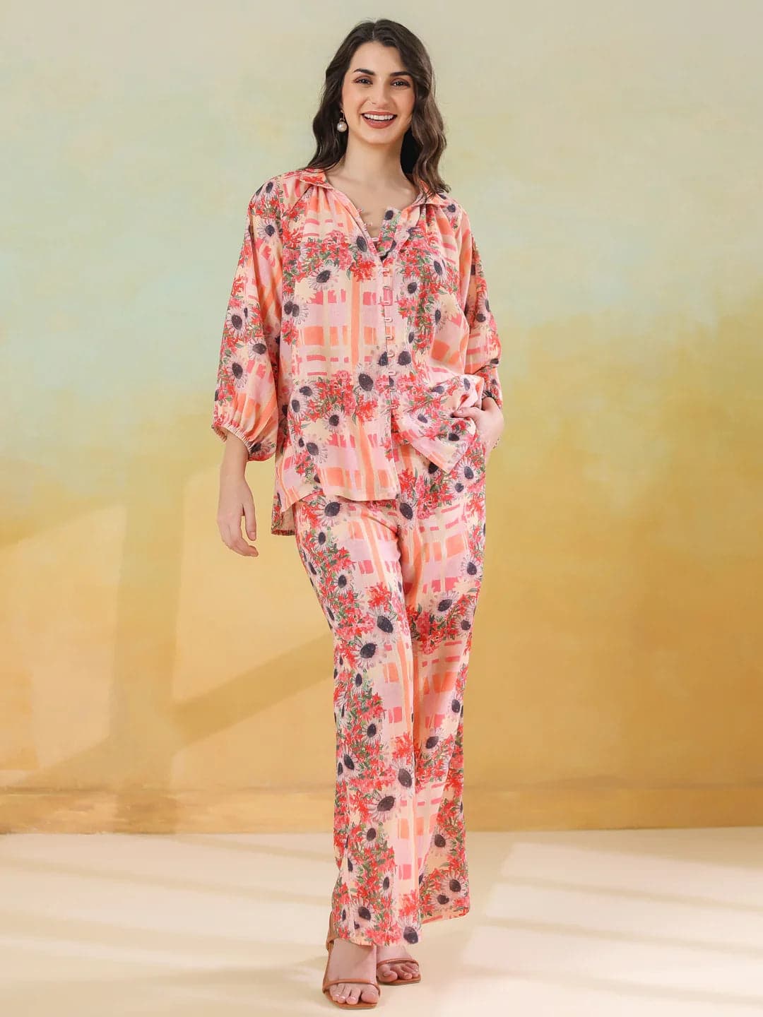 Red Linen Printed Shirt Collar Co-Ord Set For Women